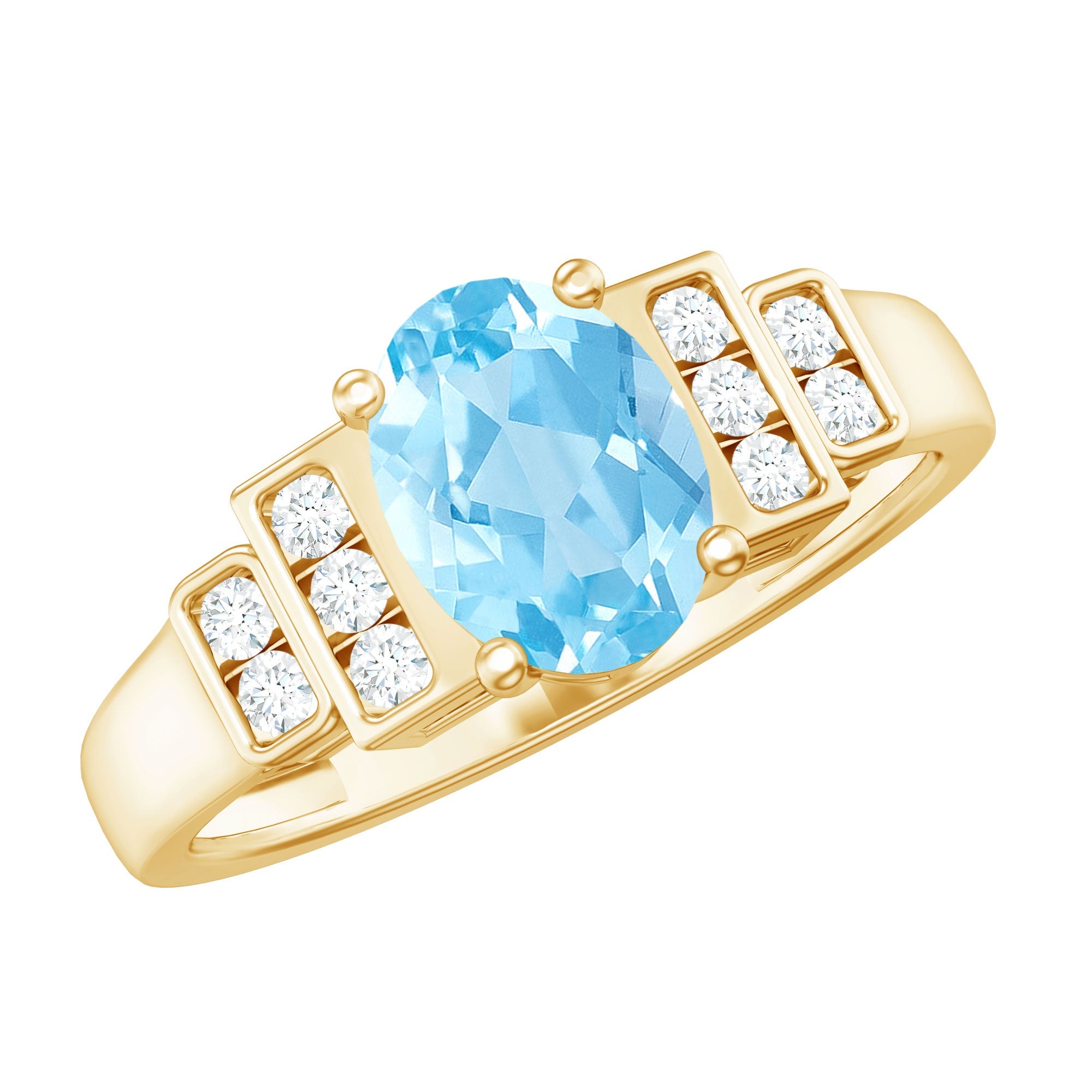 Aquamarine Engagement Ring – 1 Carat Oval Blue Gemstone With Diamond Side Stones