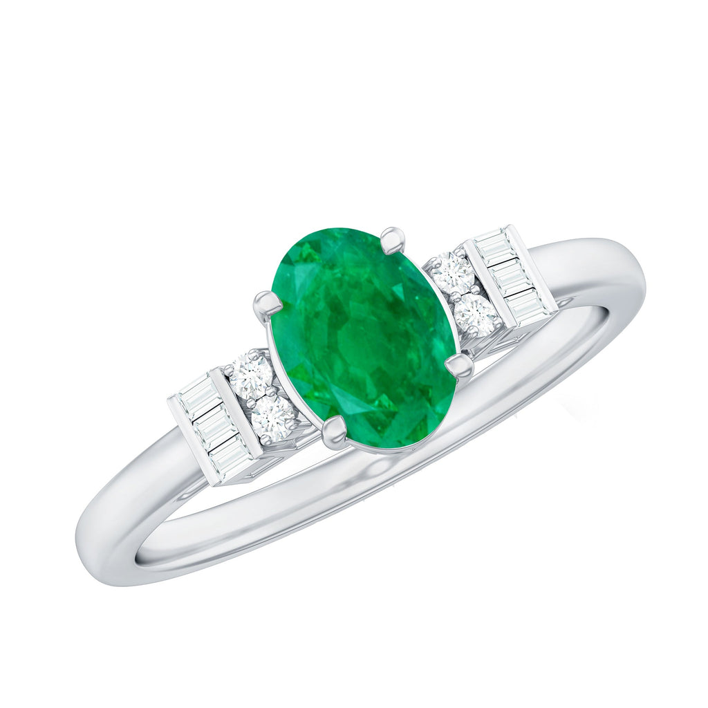 Emerald Engagement Ring – Natural Oval Emerald Diamond Ring in Prong Setting