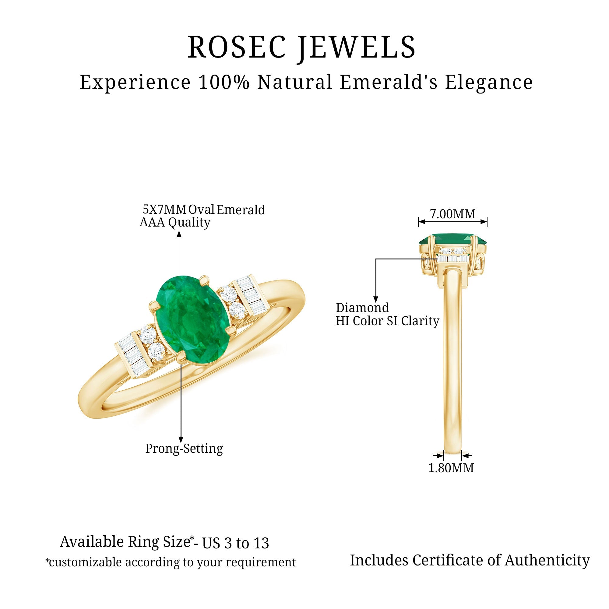 Emerald Engagement Ring – Natural Oval Emerald Diamond Ring in Prong Setting