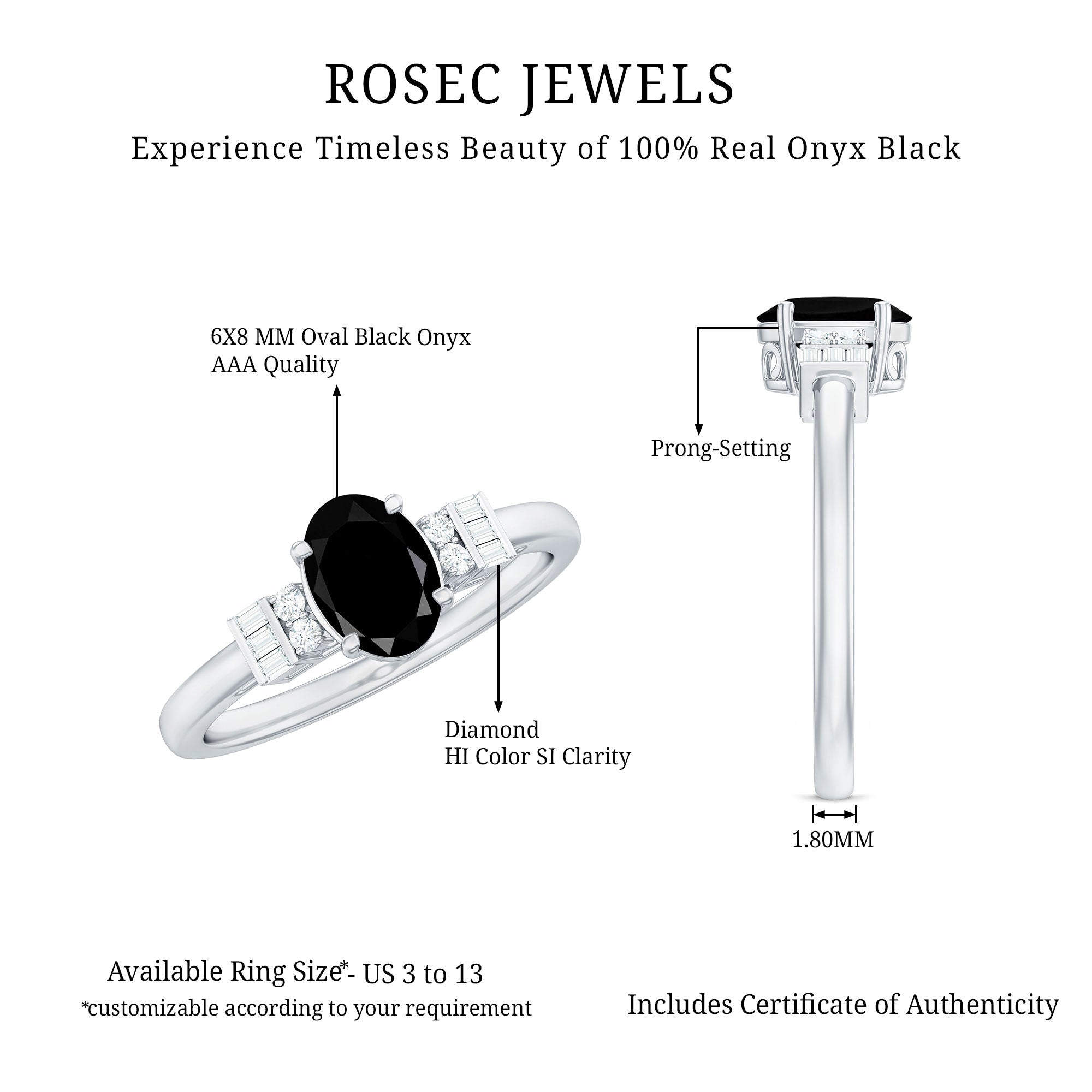 1 Carat Oval Cut Black Onyx Solitaire Engagement Ring with Diamond