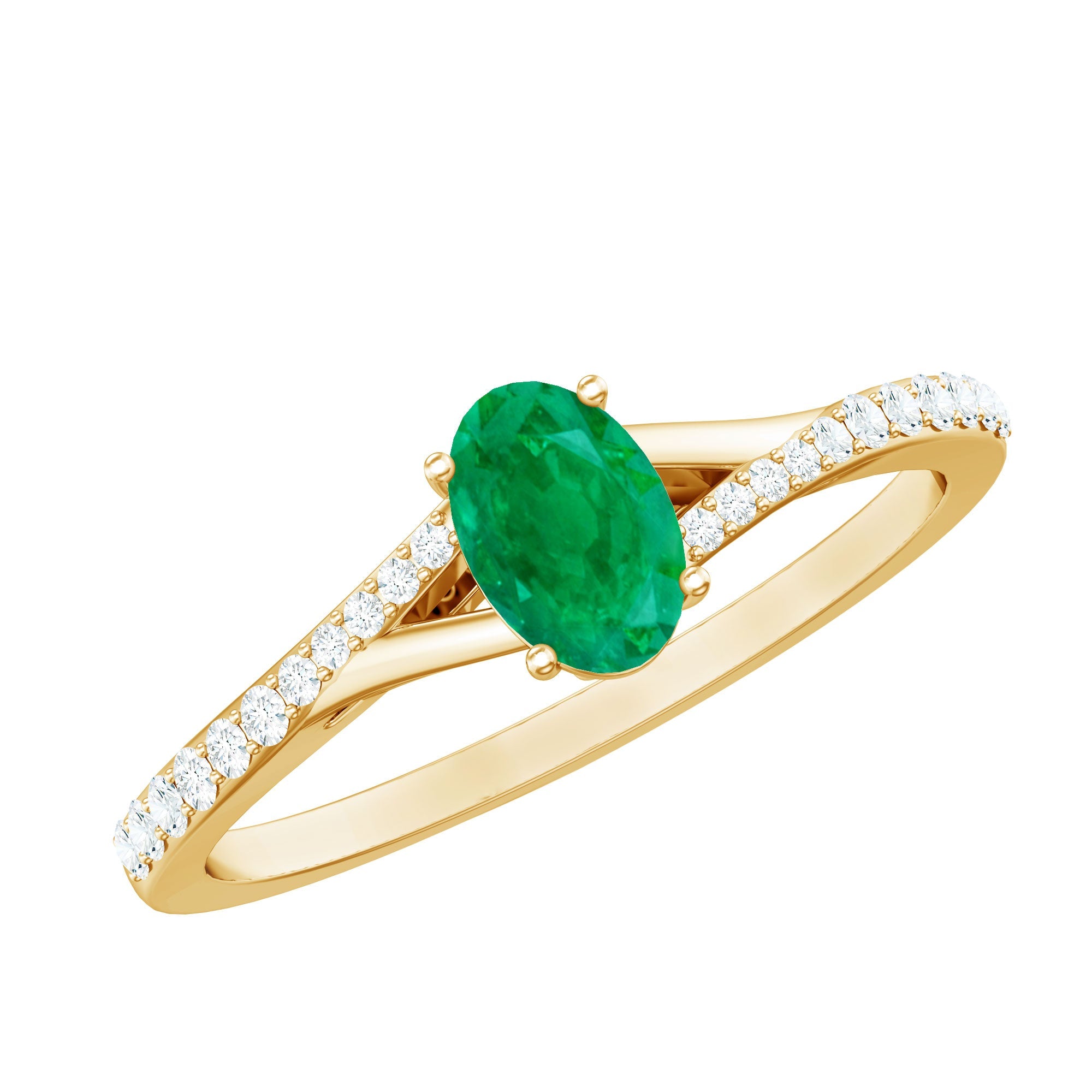 Oval Emerald Promise Ring - Natural Emerald Ring with Diamond Split Shank Design