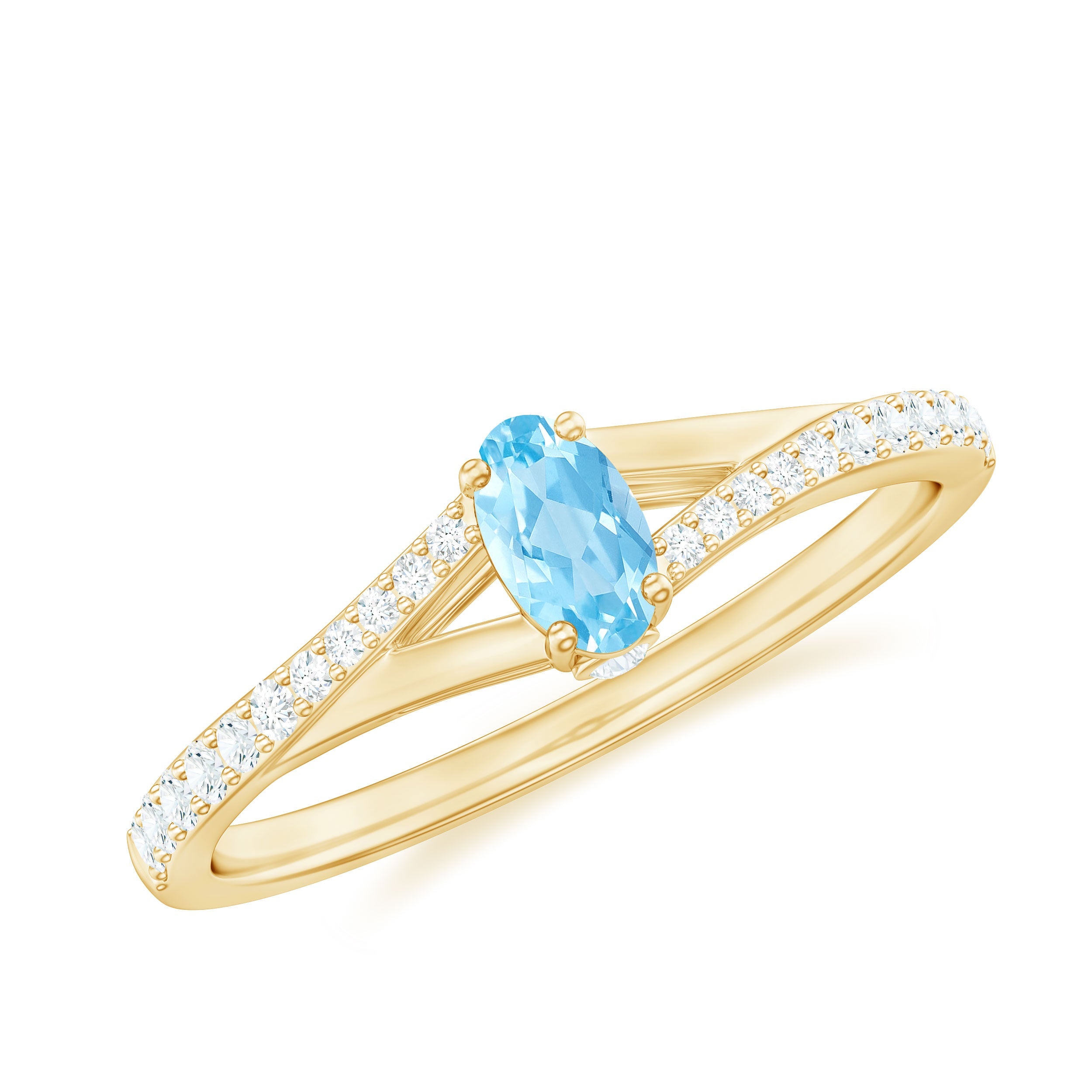Aquamarine Promise Ring – Oval Aquamarine Stone with Diamond Split Shank Design