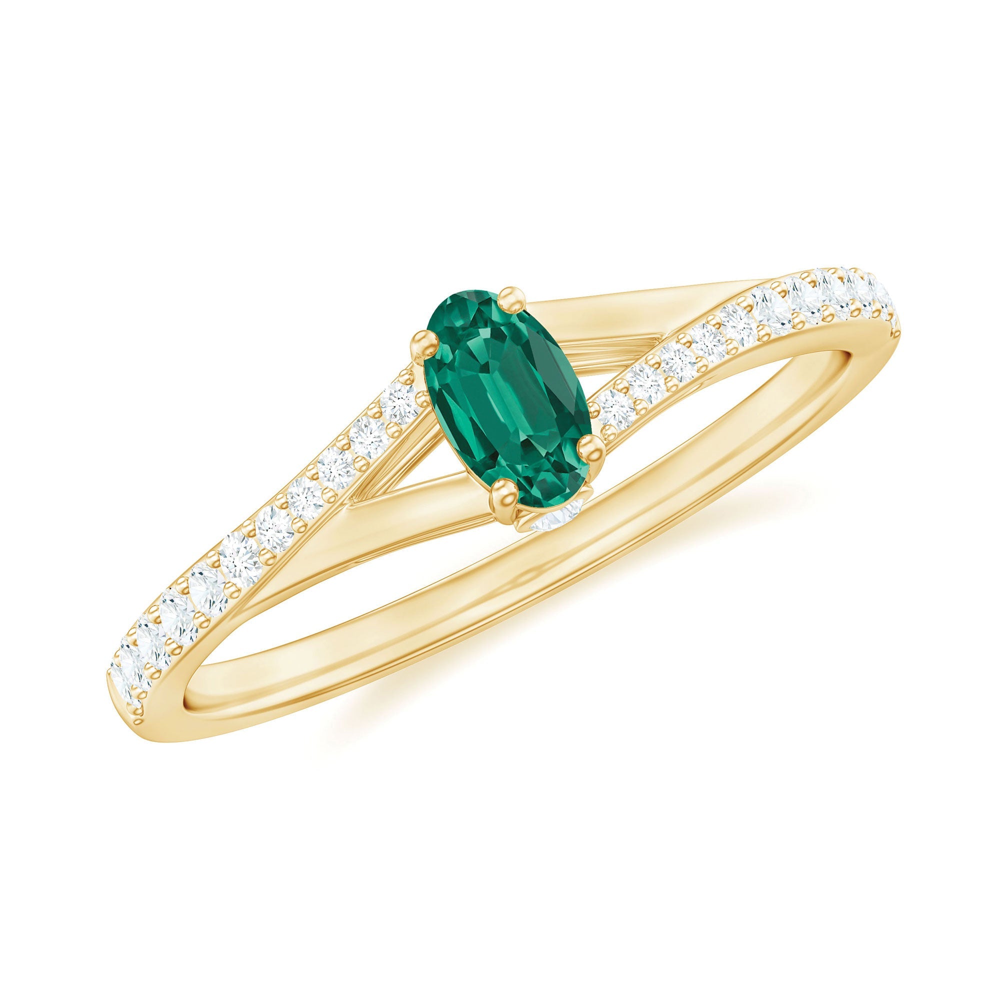 Lab Grown Emerald Ring – Oval Promise Ring with Diamond Split Shank Band