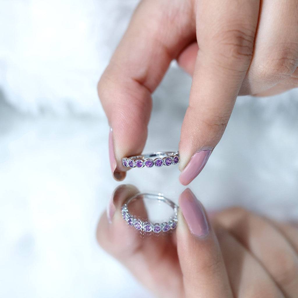 Bezel Set Natural Amethyst Half Eternity Wedding Band in Silver