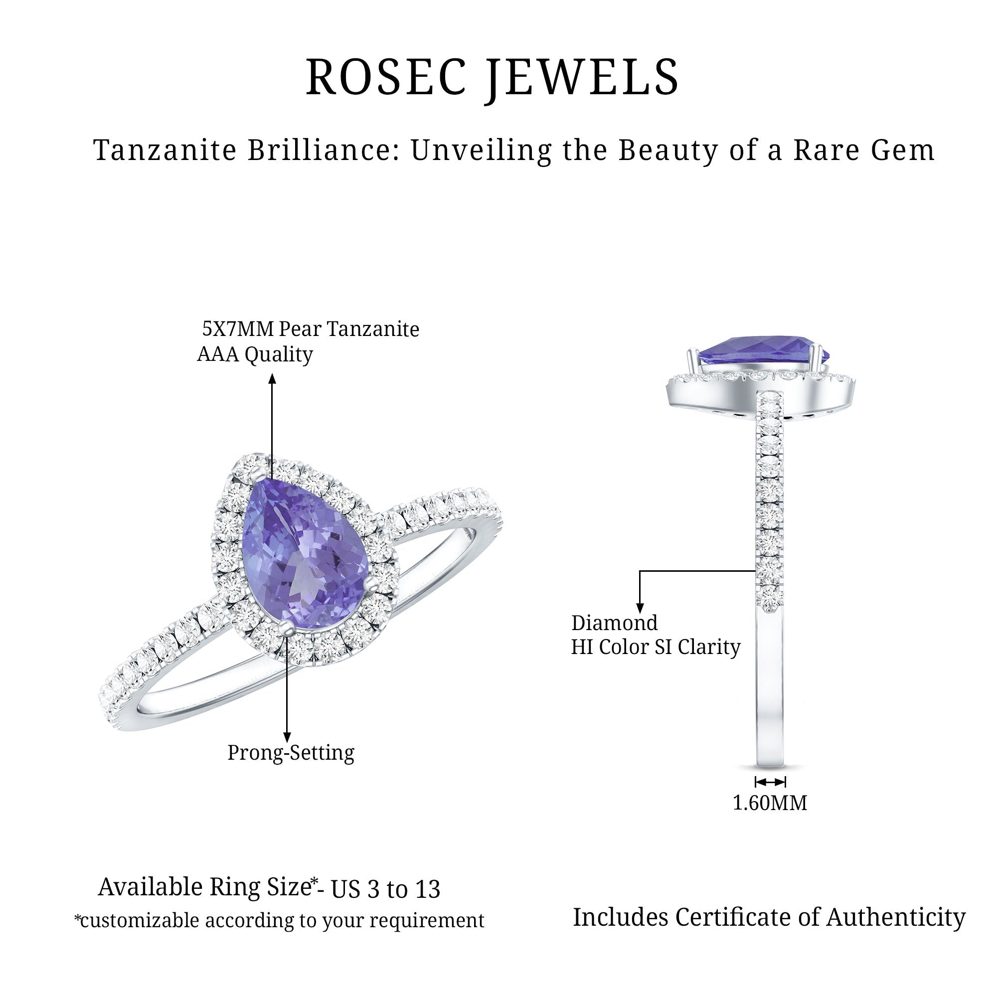 Tanzanite Engagement Ring – Pear Shape Teardrop with Diamond Halo Band | AAA Quality
