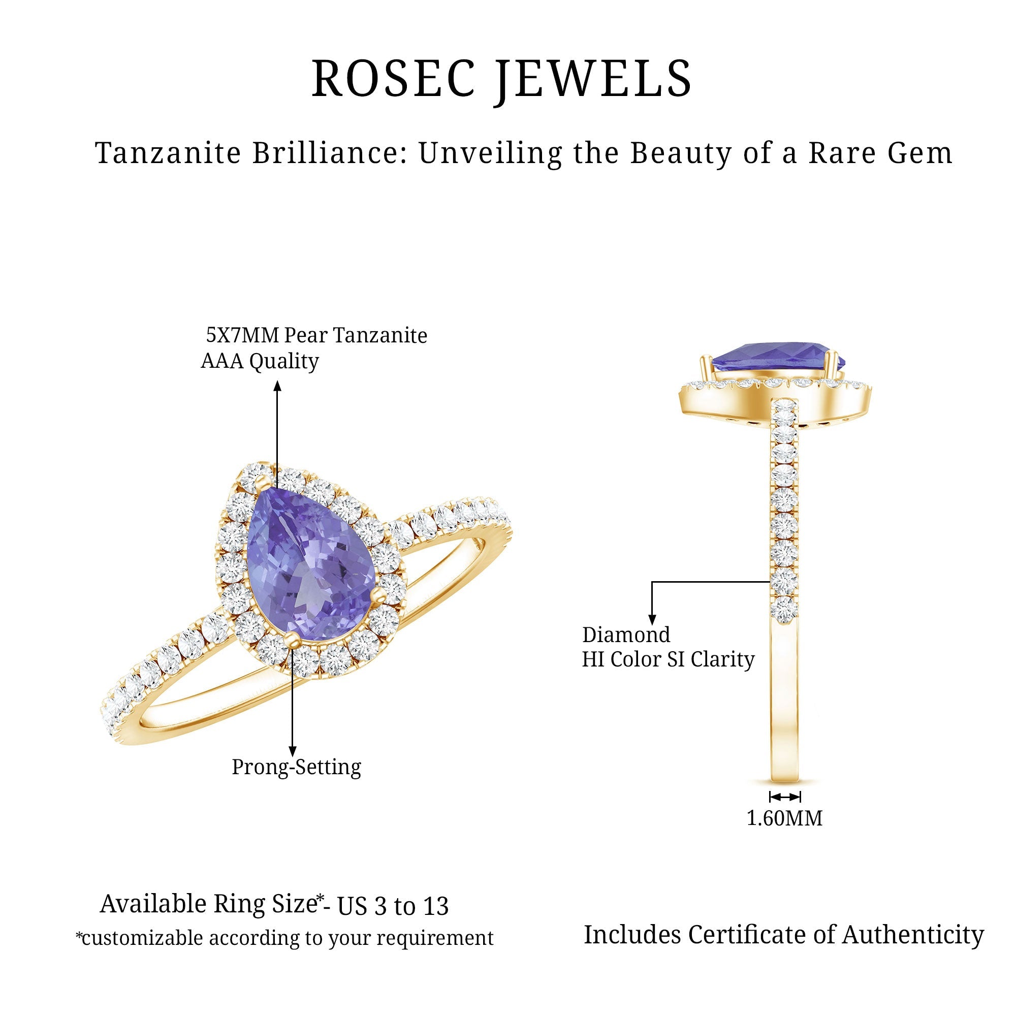 Tanzanite Engagement Ring – Pear Shape Teardrop with Diamond Halo Band | AAA Quality