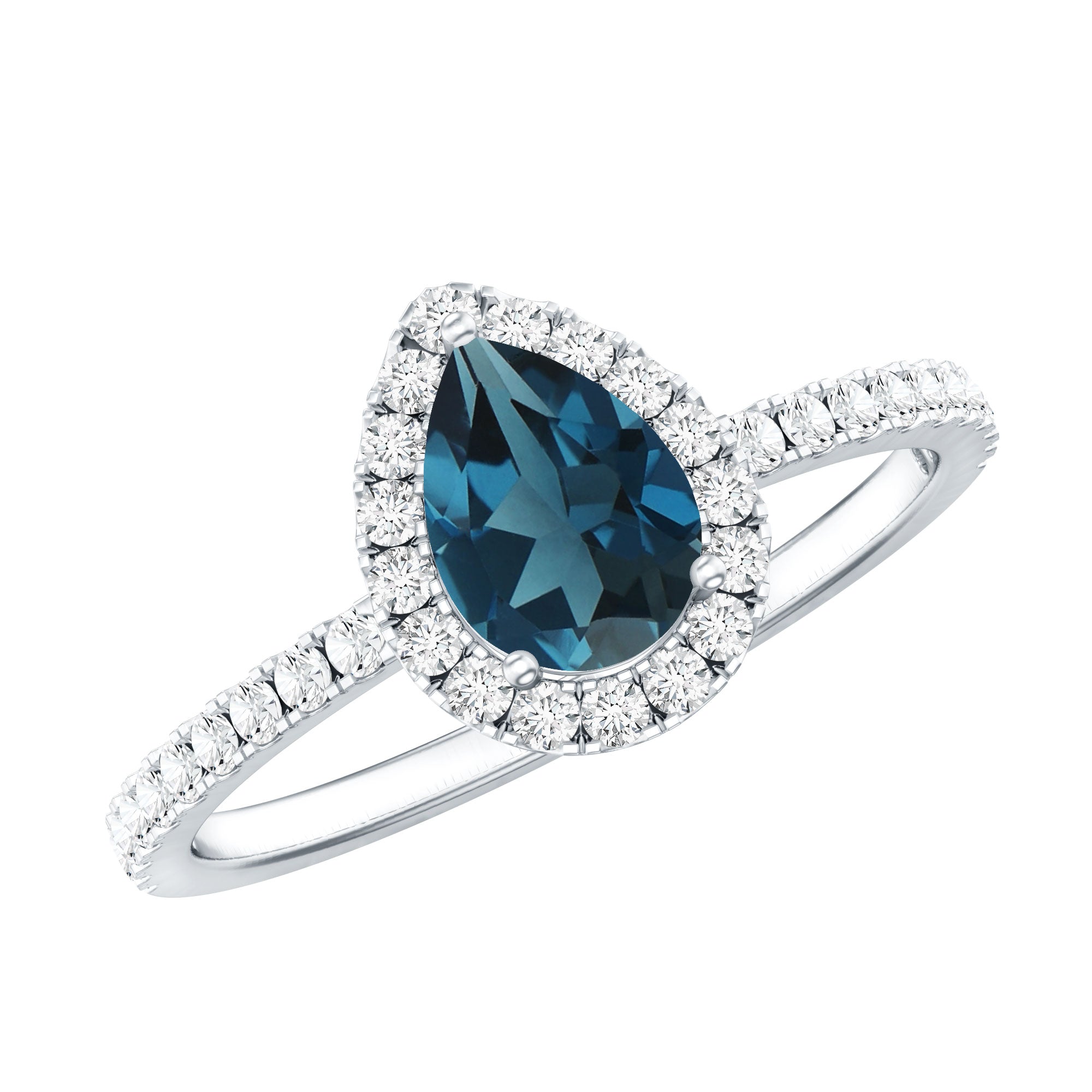 0.7 Carat Pear Shape London Blue Topaz Teardrop Engagement Ring with Moissanite Halo