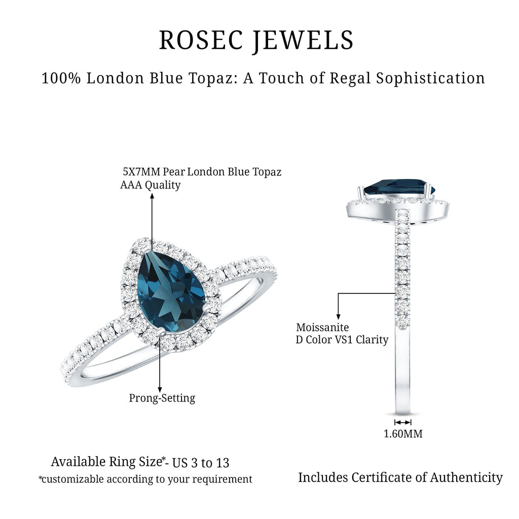 0.7 Carat Pear Shape London Blue Topaz Teardrop Engagement Ring with Moissanite Halo