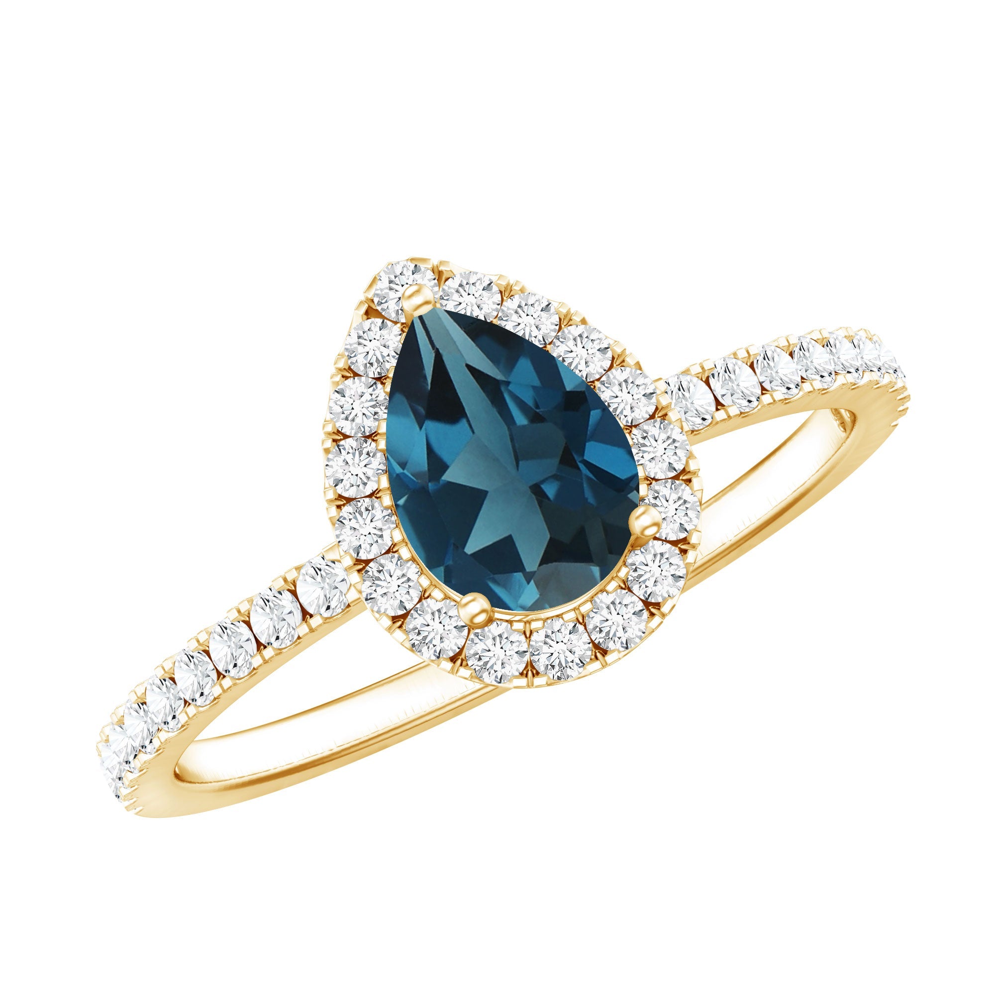 0.7 Carat Pear Shape London Blue Topaz Teardrop Engagement Ring with Moissanite Halo