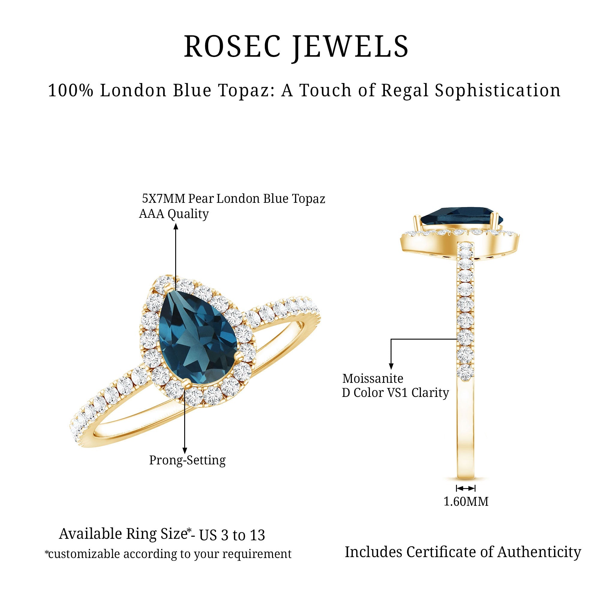 0.7 Carat Pear Shape London Blue Topaz Teardrop Engagement Ring with Moissanite Halo