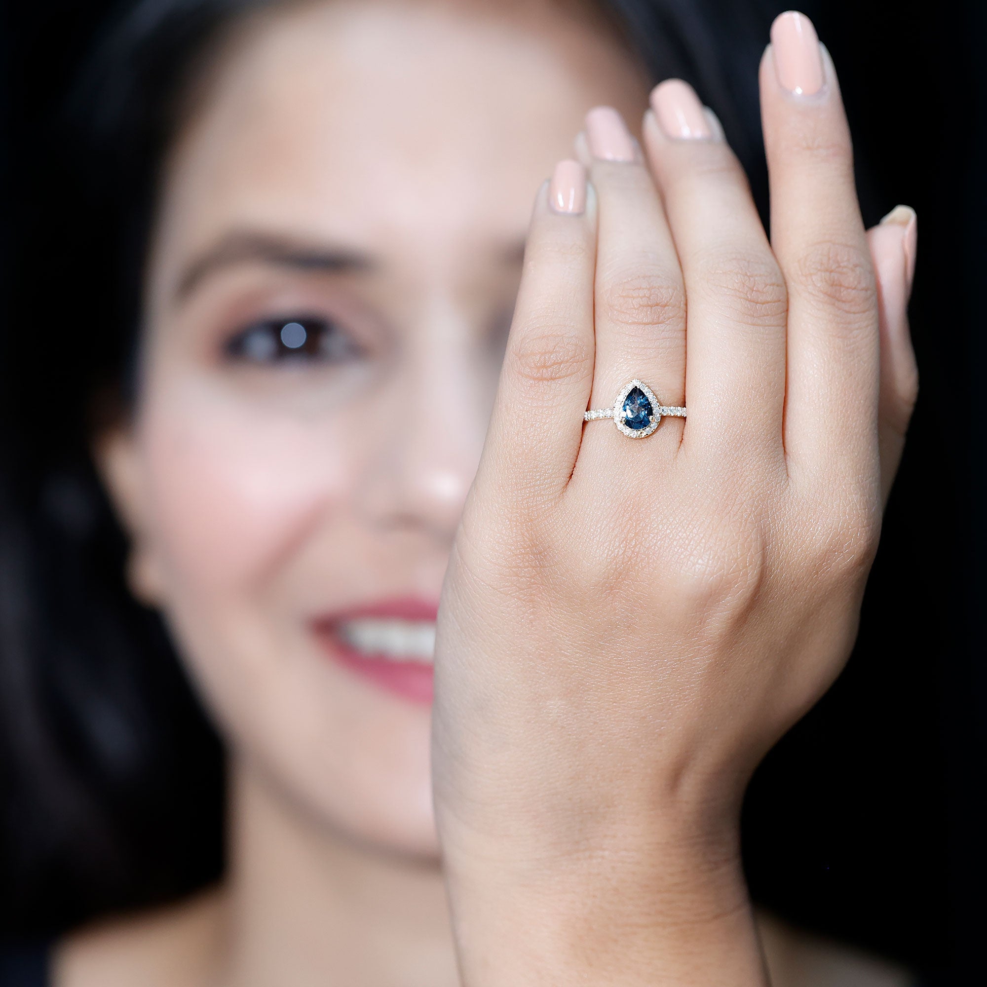 0.7 Carat Pear Shape London Blue Topaz Teardrop Engagement Ring with Moissanite Halo