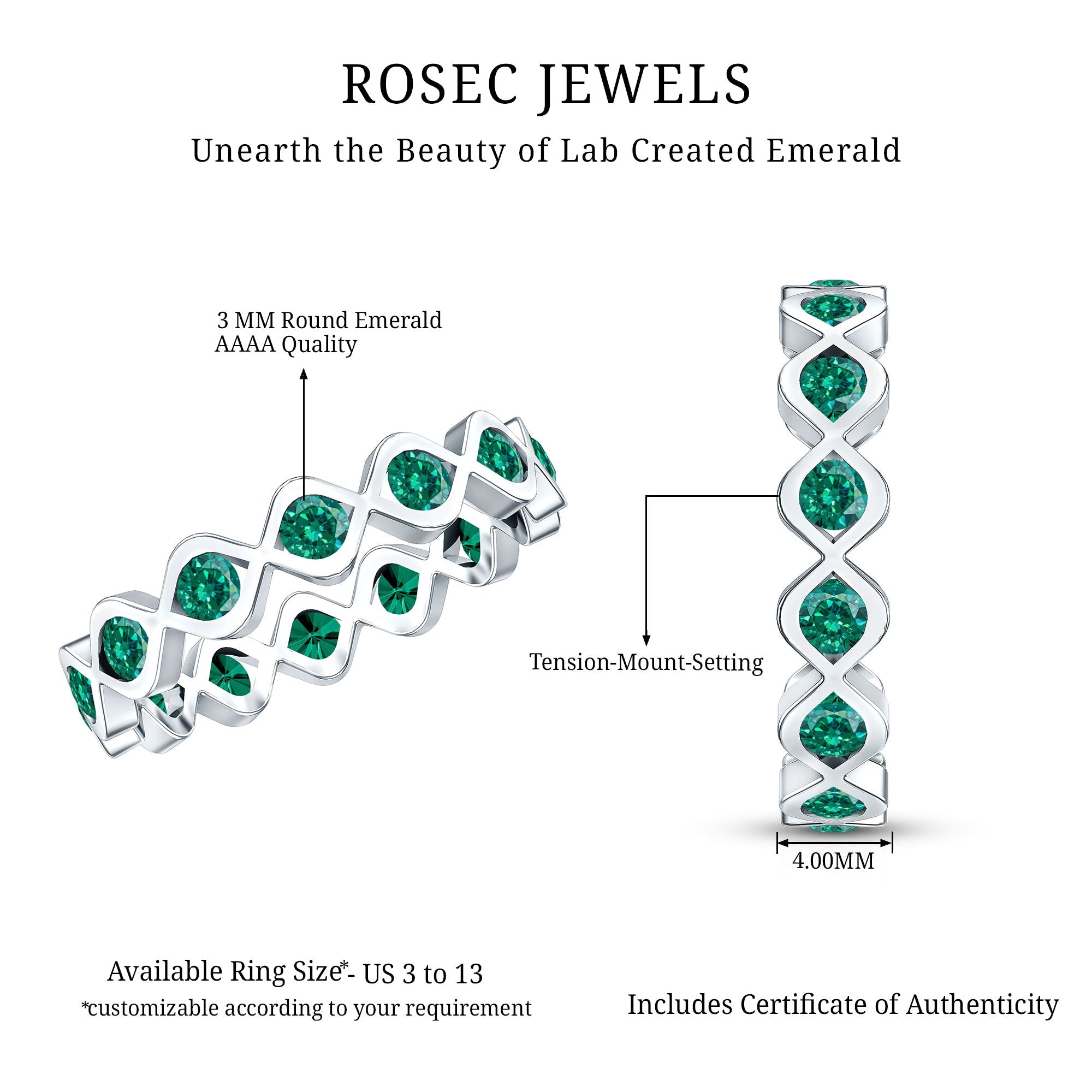 Lab Grown Emerald Ring – Infinity Twist Eternity Band With Brilliant Cut Stones