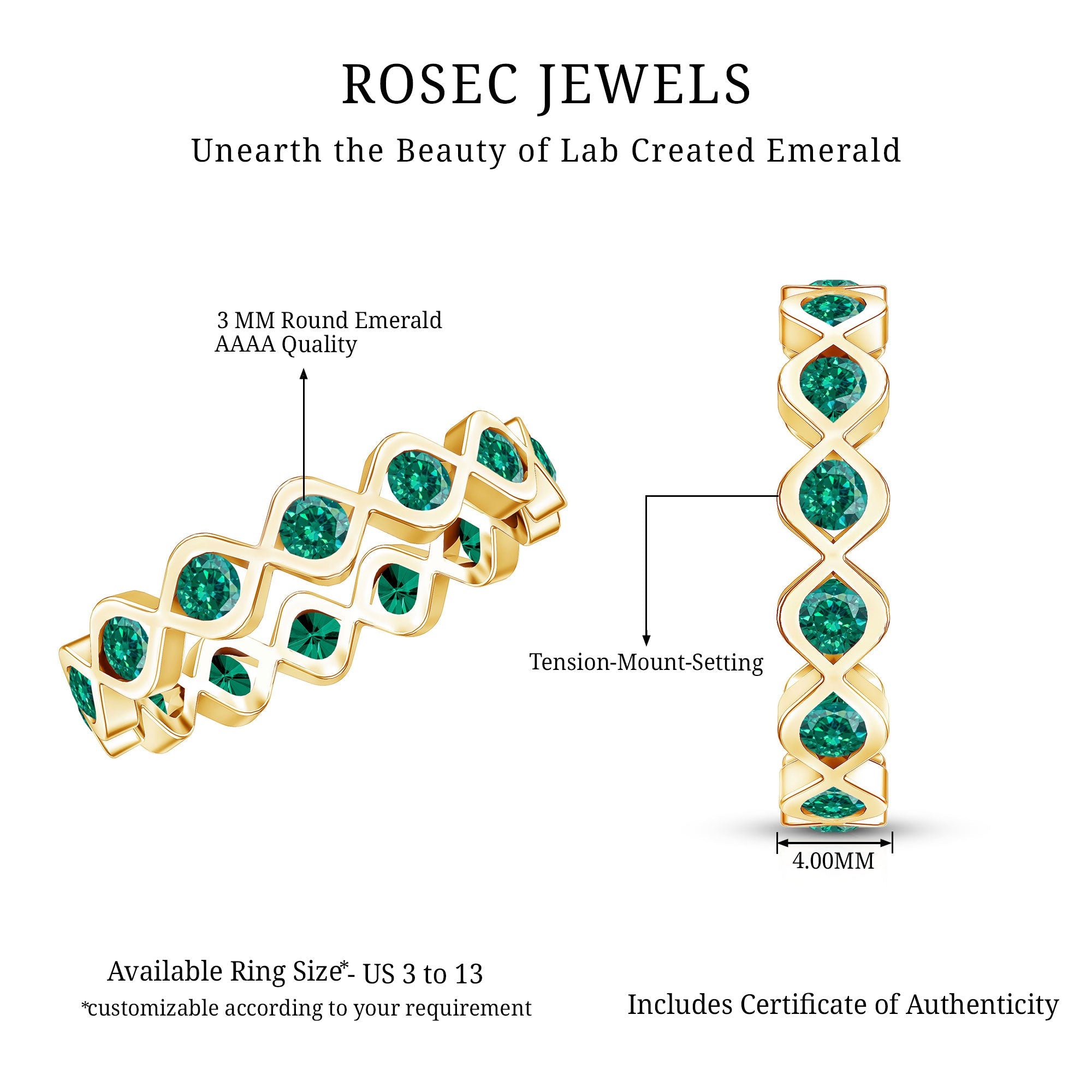 Lab Grown Emerald Ring – Infinity Twist Eternity Band With Brilliant Cut Stones