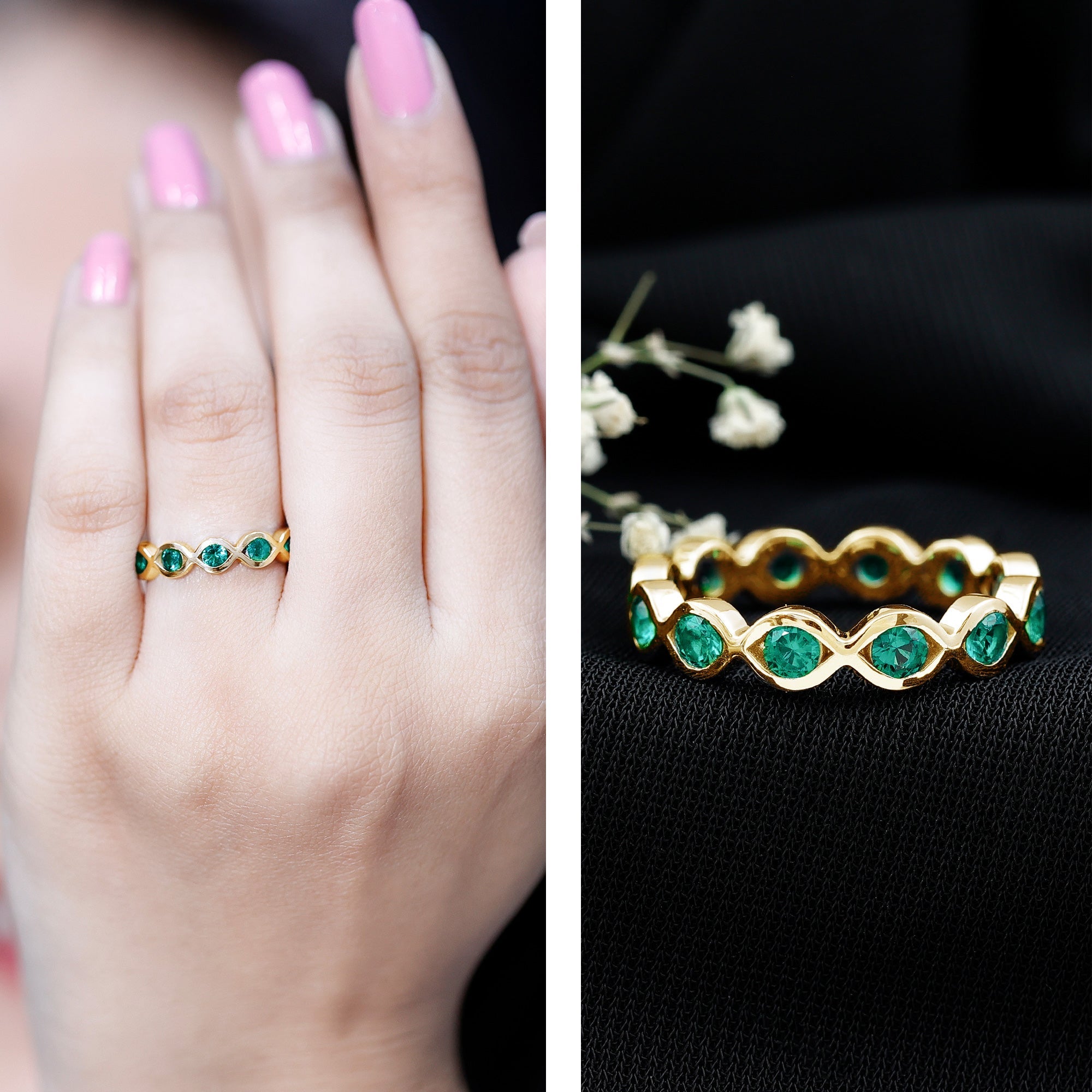 Lab Grown Emerald Ring – Infinity Twist Eternity Band With Brilliant Cut Stones