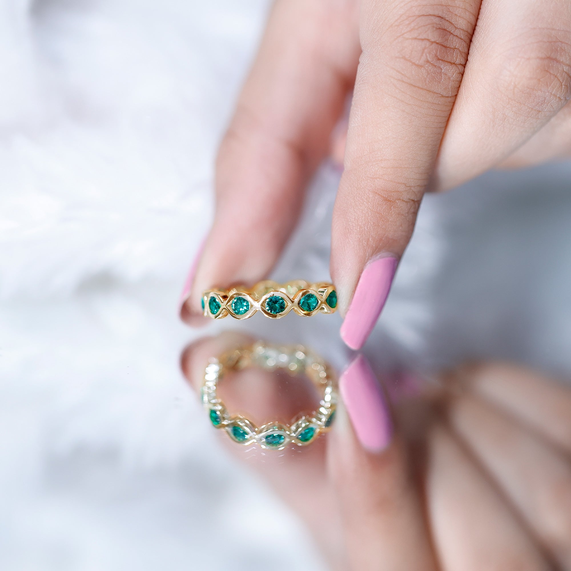 Lab Grown Emerald Ring – Infinity Twist Eternity Band With Brilliant Cut Stones