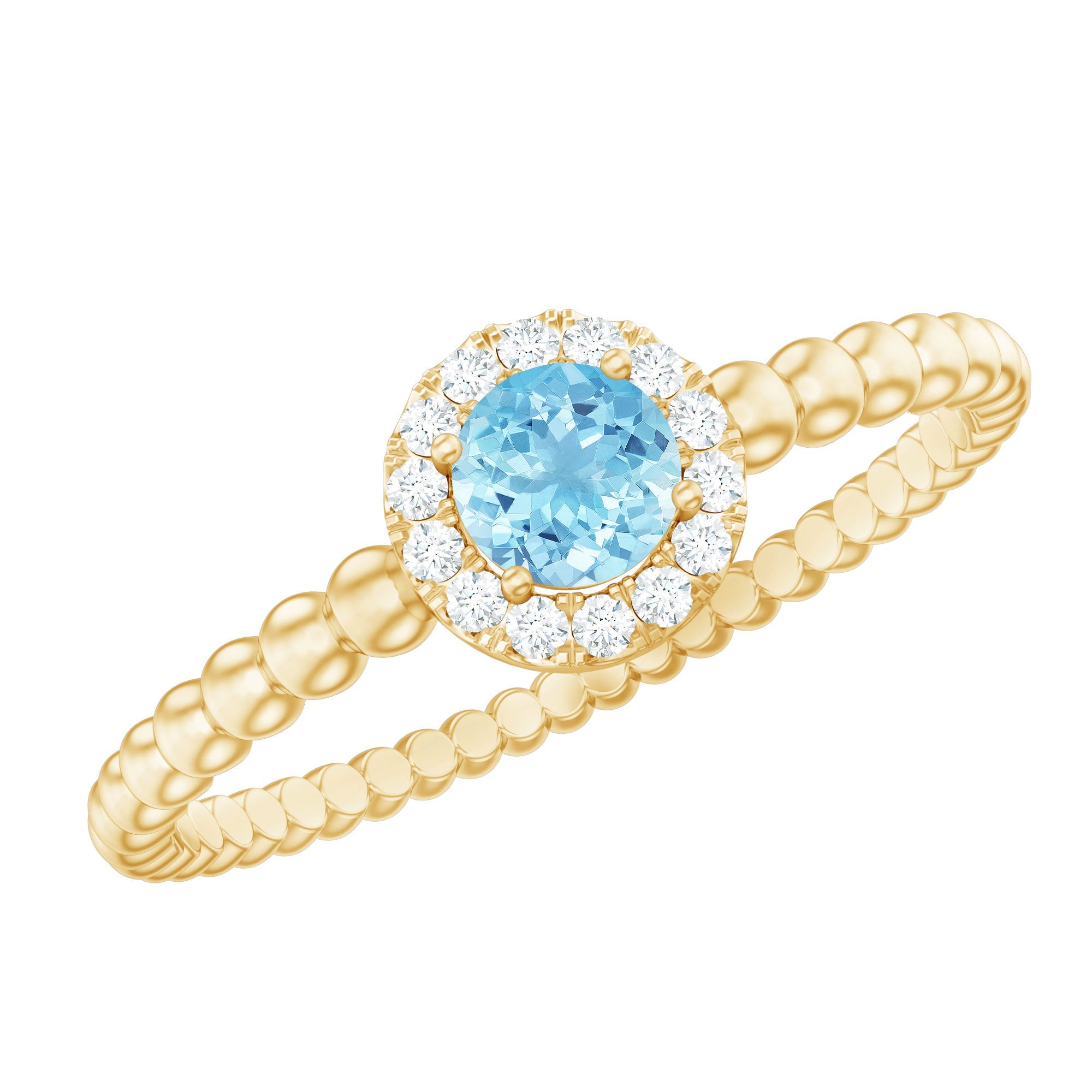 Aquamarine Promise Ring – Natural Blue Gemstone with Diamond Accents & Bubble Shank