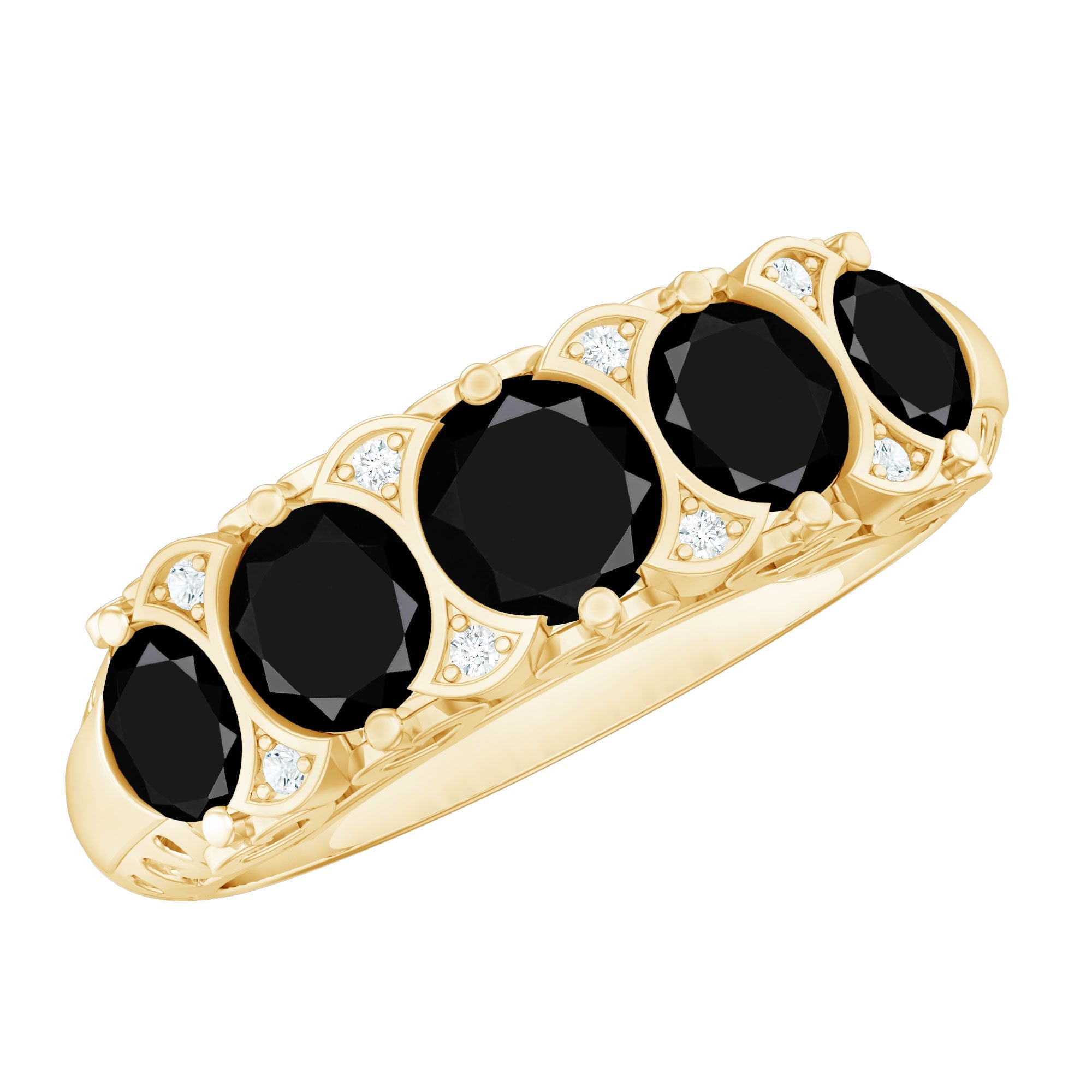 Vintage Inspired Black Onyx 5 Stone Anniversary Ring with Certificate