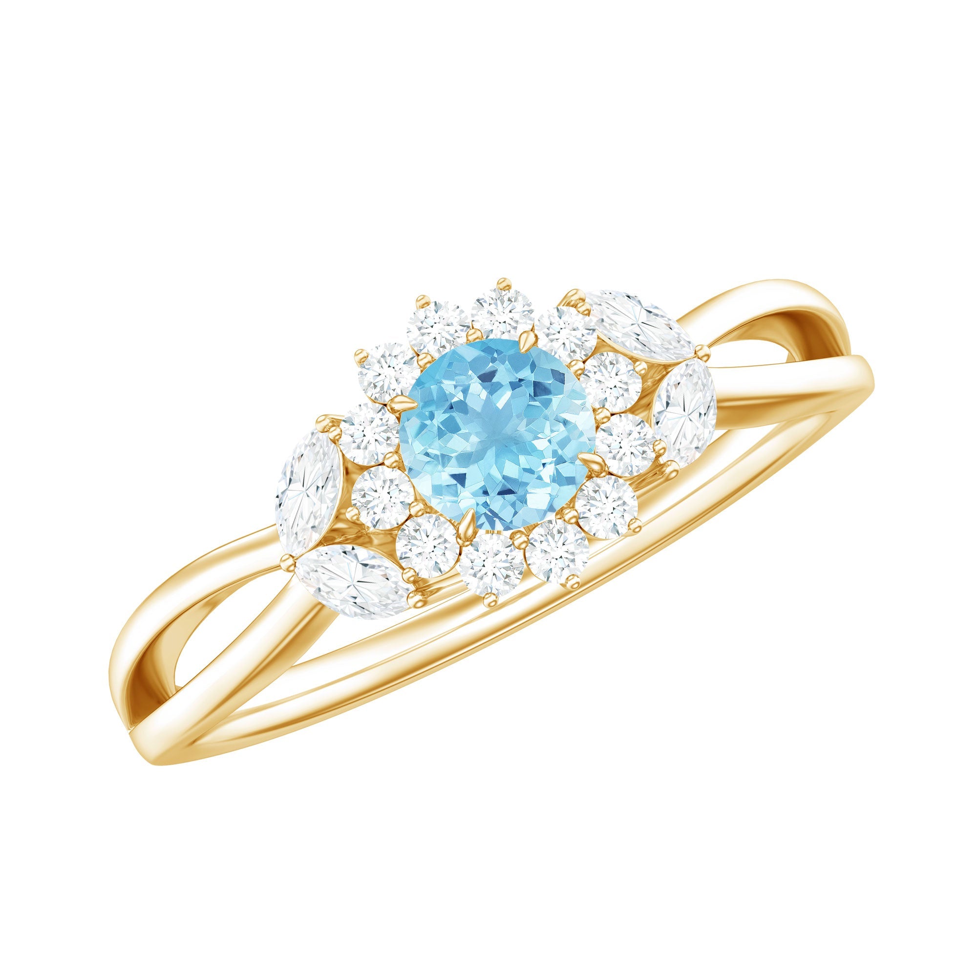 Aquamarine Promise Ring – Floral Design with Diamond Halo & Split Shank Band