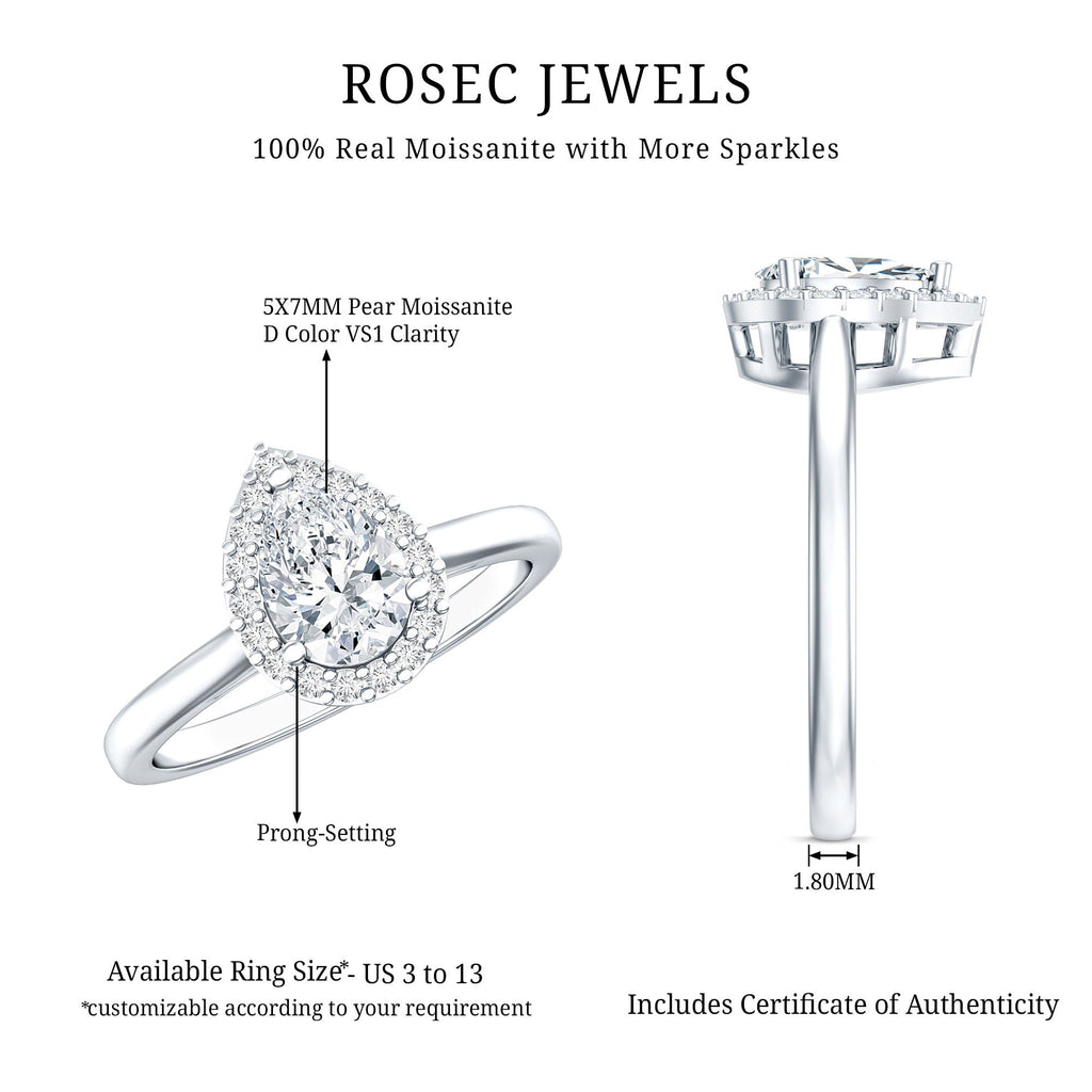 Moissanite Engagement Ring – 0.7 Carat Pear Shaped Halo Ring with VS1 Clarity