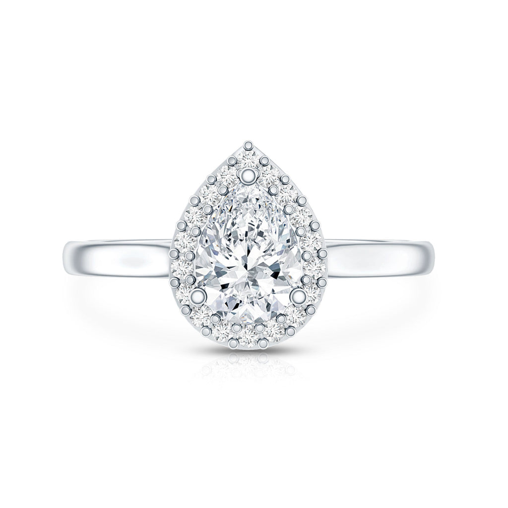 Moissanite Engagement Ring – 0.7 Carat Pear Shaped Halo Ring with VS1 Clarity
