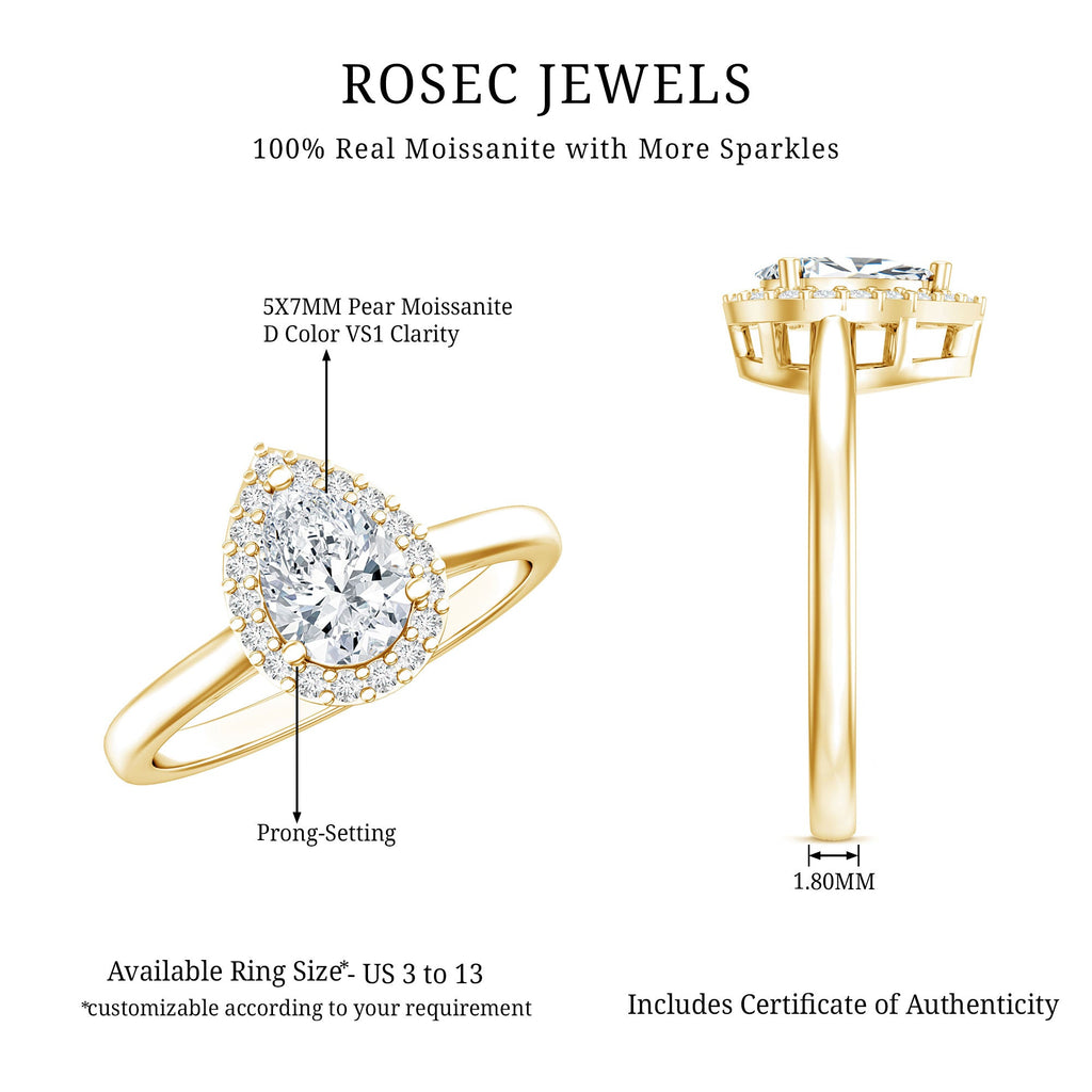 Moissanite Engagement Ring – 0.7 Carat Pear Shaped Halo Ring with VS1 Clarity