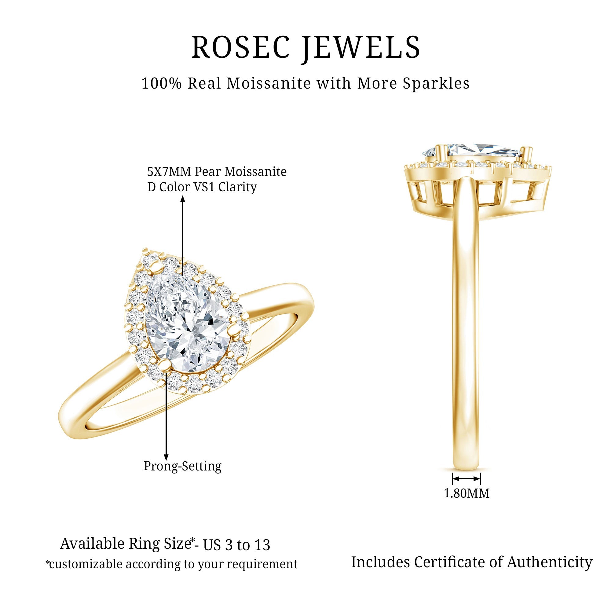Moissanite Engagement Ring – 0.7 Carat Pear Shaped Halo Ring with VS1 Clarity
