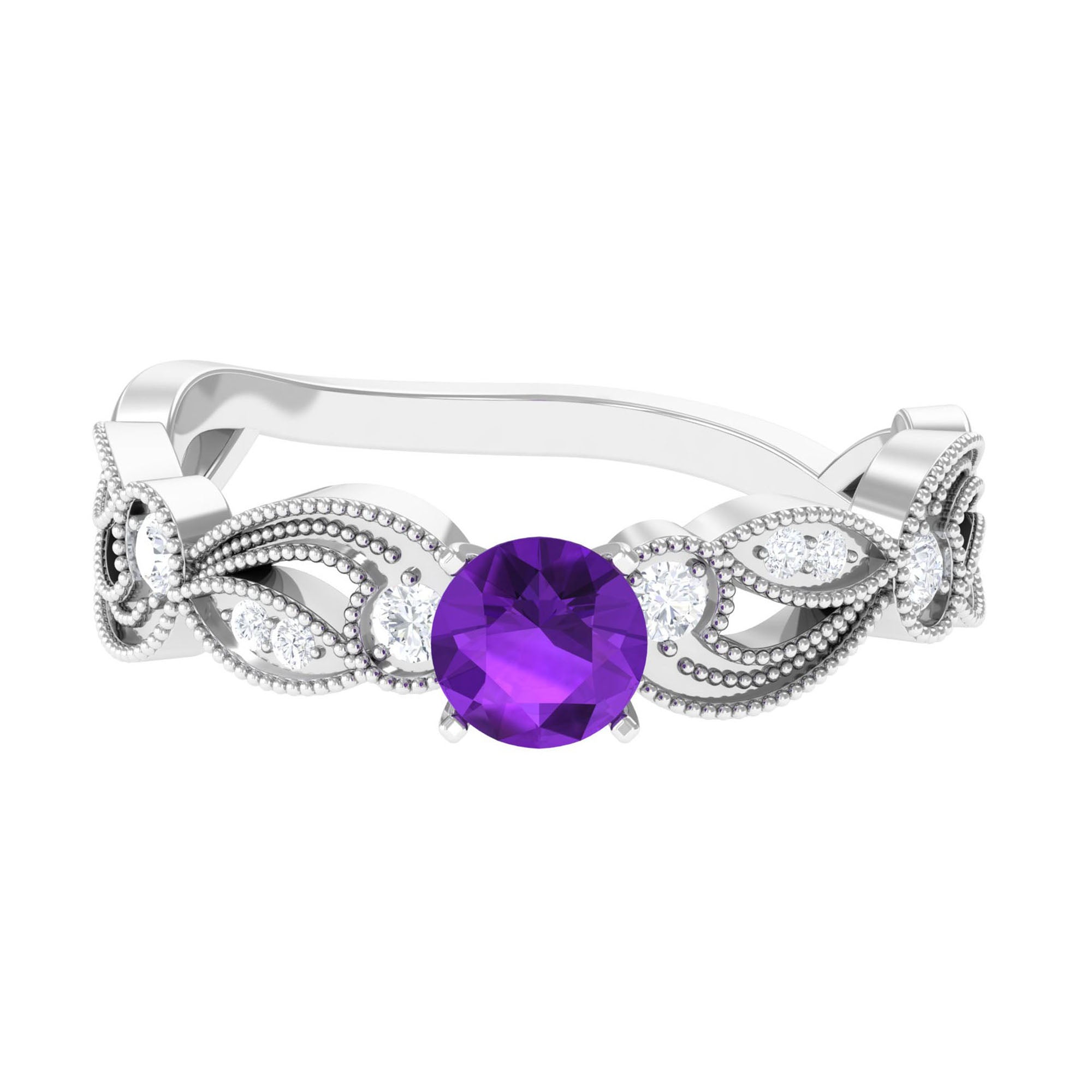 Vintage Inspired Amethyst and Diamond Engagement Ring, 5 mm Round Purple Stone, Prong Setting