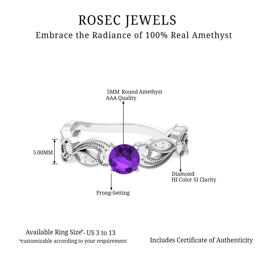 Vintage Inspired Amethyst and Diamond Engagement Ring, 5 mm Round Purple Stone, Prong Setting