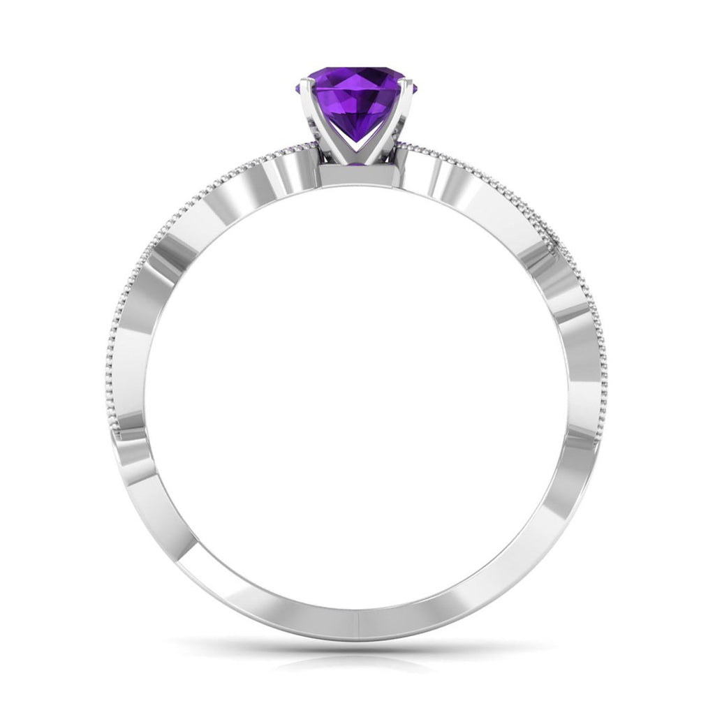 Vintage Inspired Amethyst and Diamond Engagement Ring, 5 mm Round Purple Stone, Prong Setting