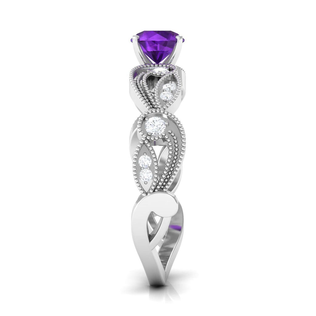 Vintage Inspired Amethyst and Diamond Engagement Ring, 5 mm Round Purple Stone, Prong Setting