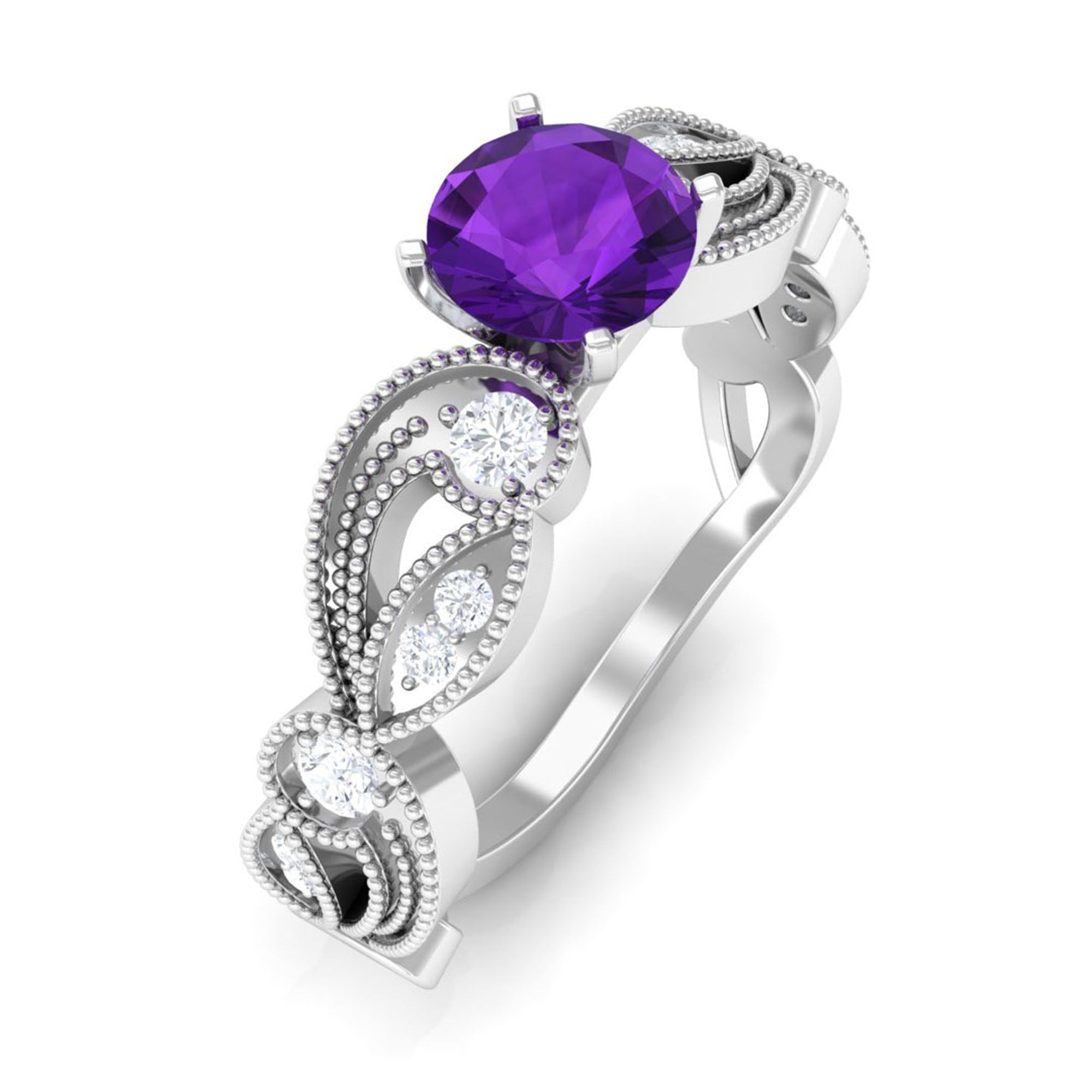 Vintage Inspired Amethyst and Diamond Engagement Ring, 5 mm Round Purple Stone, Prong Setting