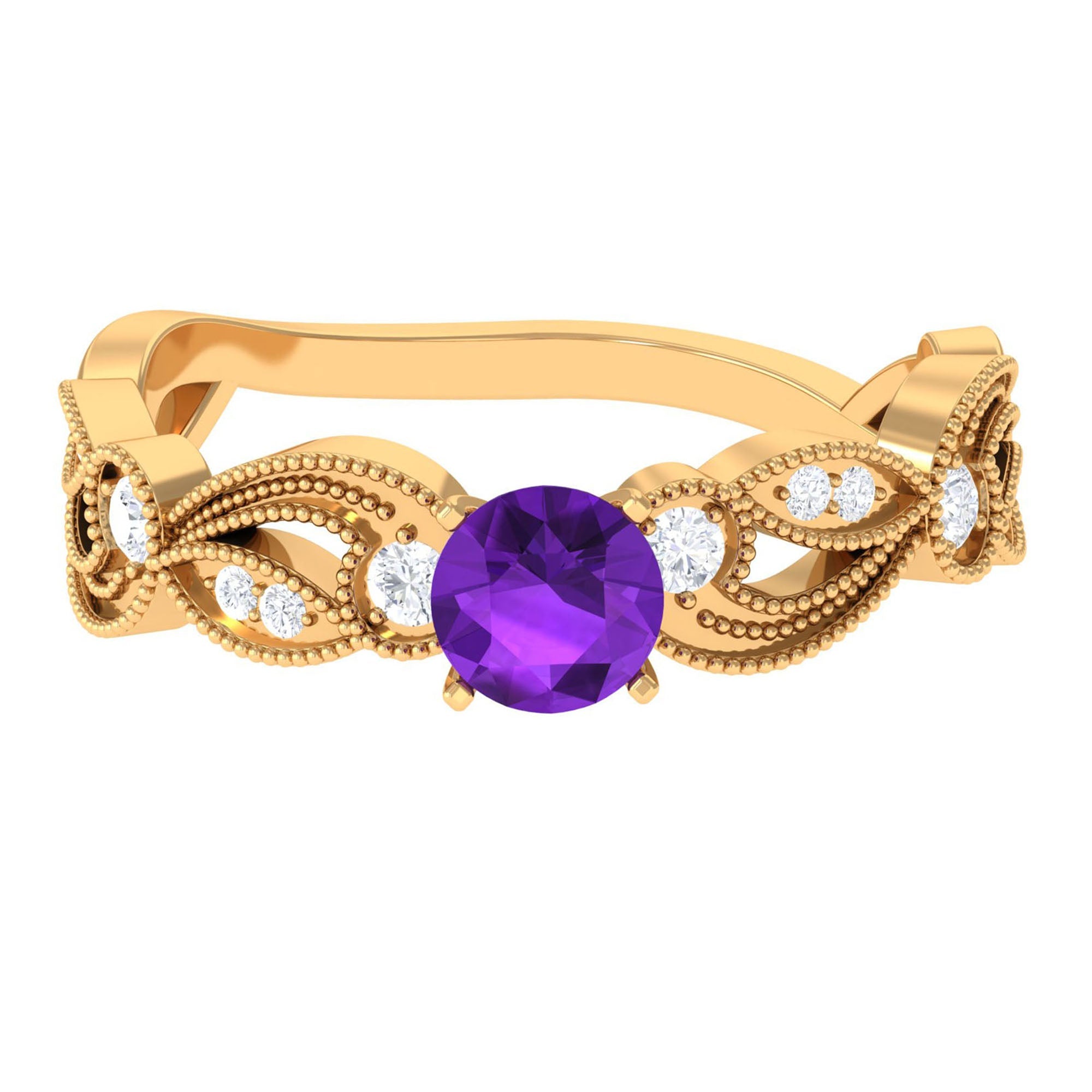 Vintage Inspired Amethyst and Diamond Engagement Ring, 5 mm Round Purple Stone, Prong Setting