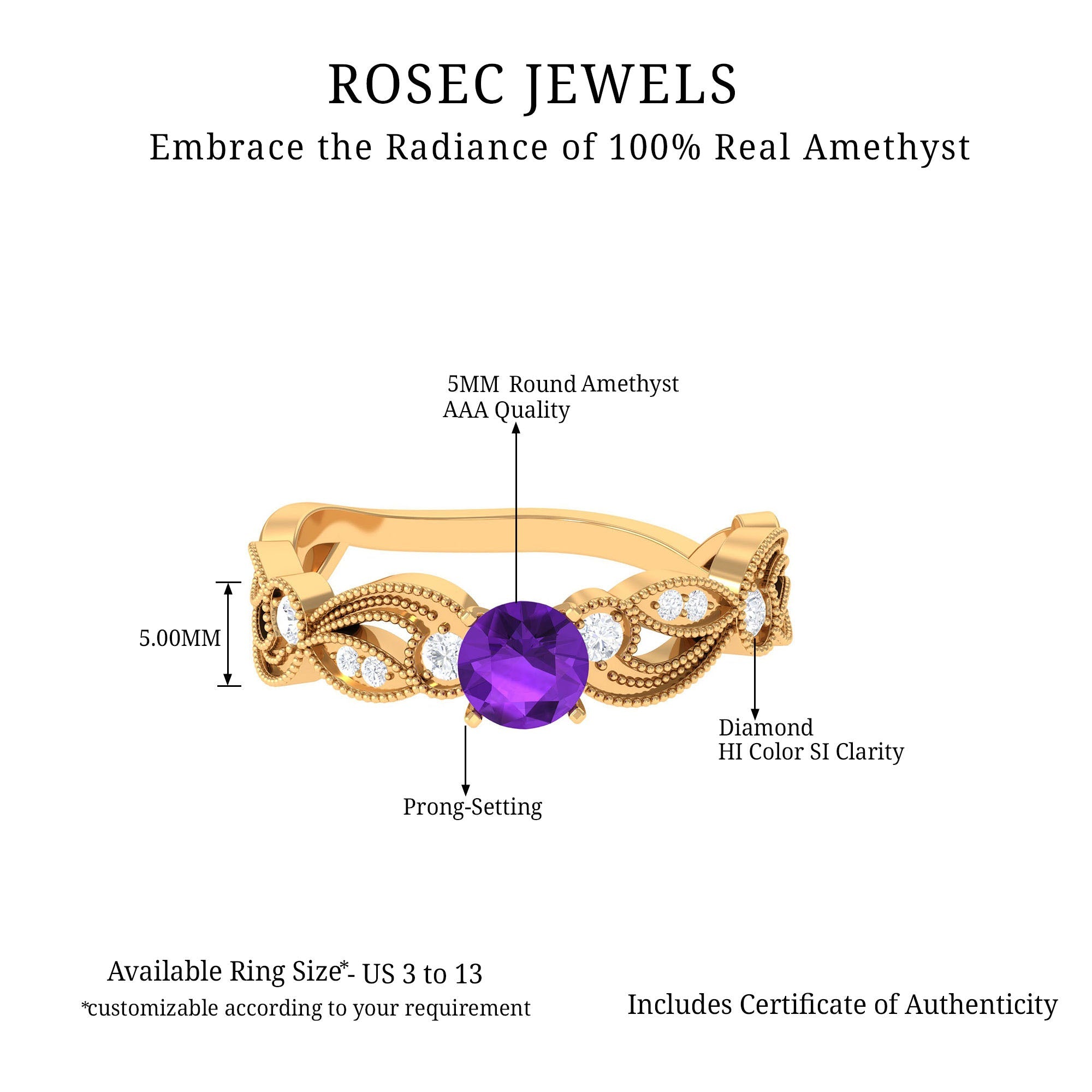 Vintage Inspired Amethyst and Diamond Engagement Ring, 5 mm Round Purple Stone, Prong Setting