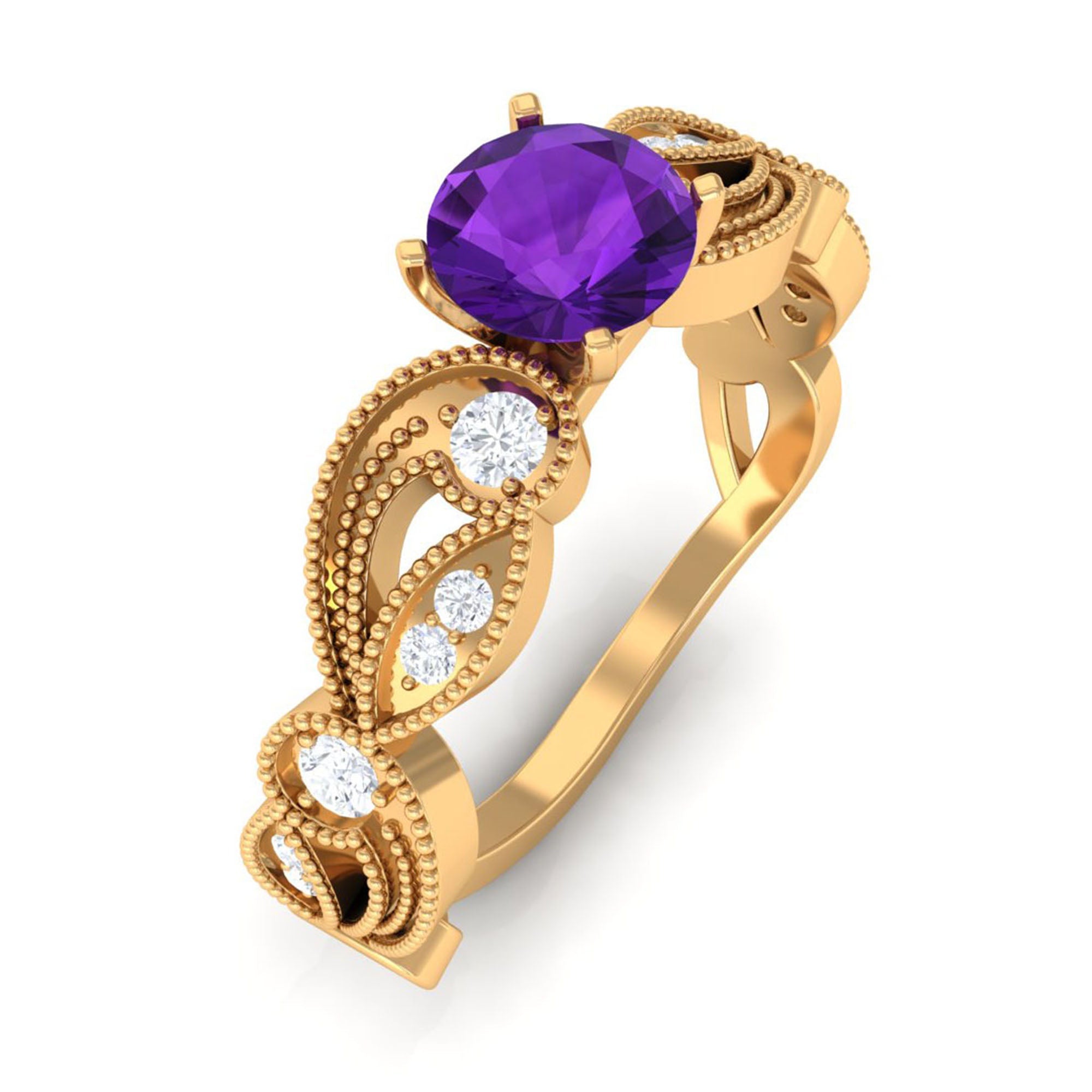 Vintage Inspired Amethyst and Diamond Engagement Ring, 5 mm Round Purple Stone, Prong Setting