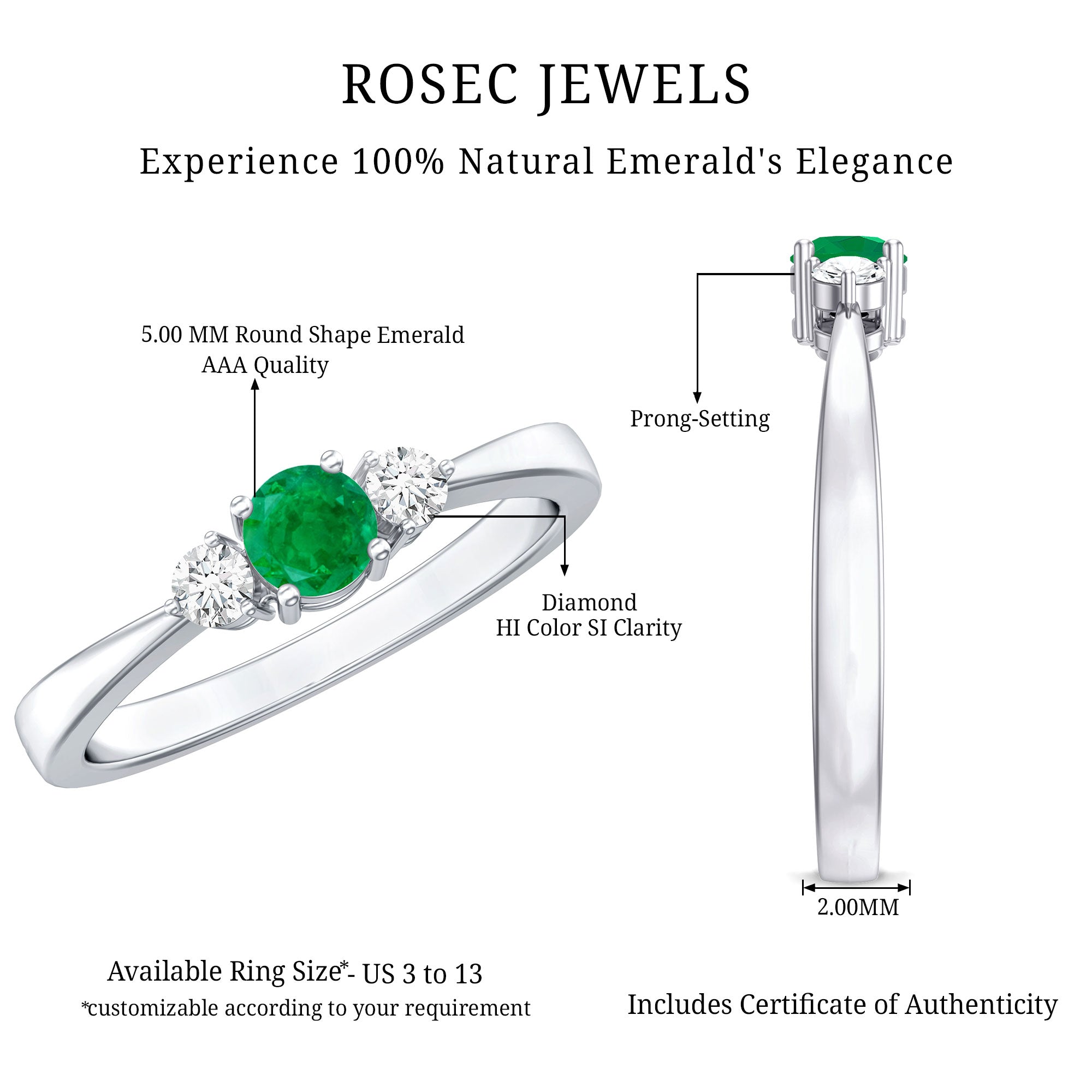 Emerald Promise Ring – Classic Three Stone Design with Round Cut Emerald & Diamond Accents