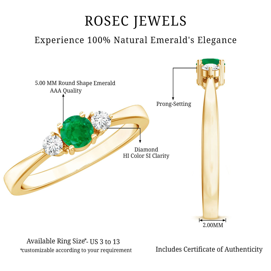 Emerald Promise Ring – Classic Three Stone Design with Round Cut Emerald & Diamond Accents