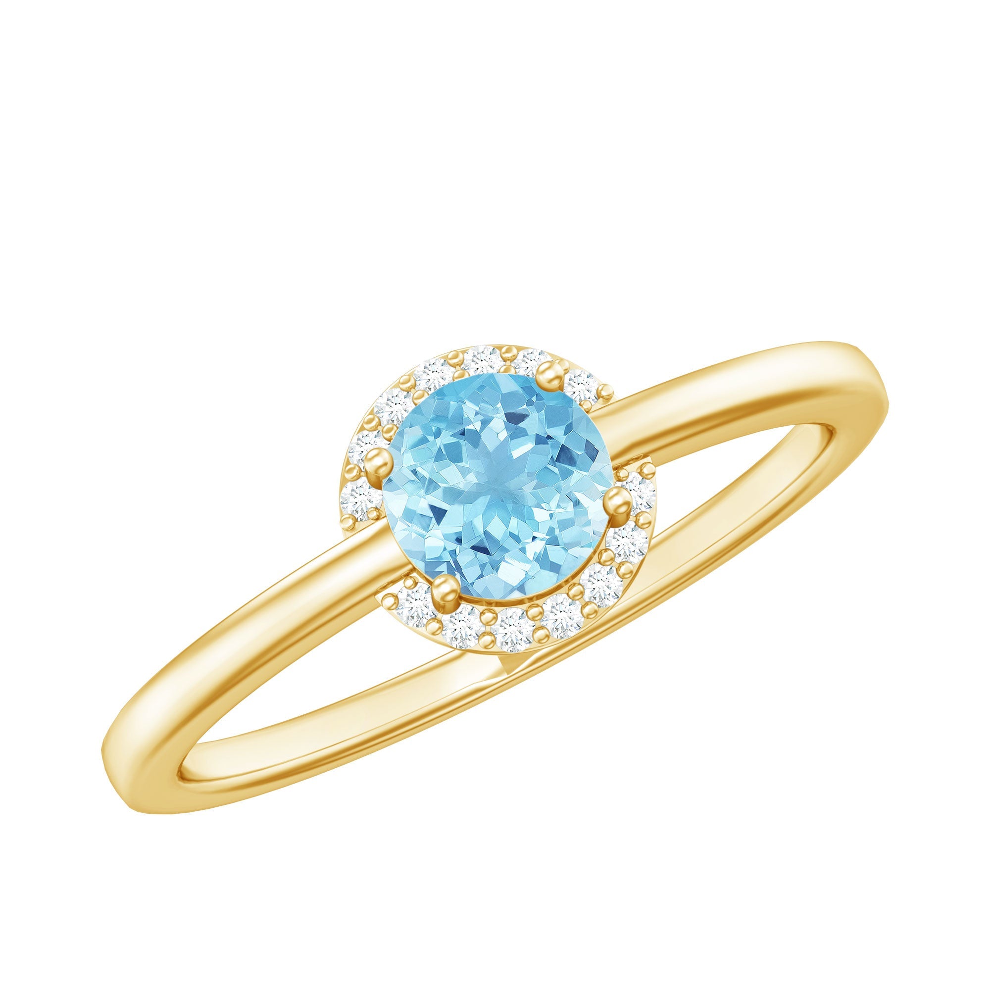 Aquamarine Promise Ring – Diamond Halo Ring with Round Cut Blue Gemstone
