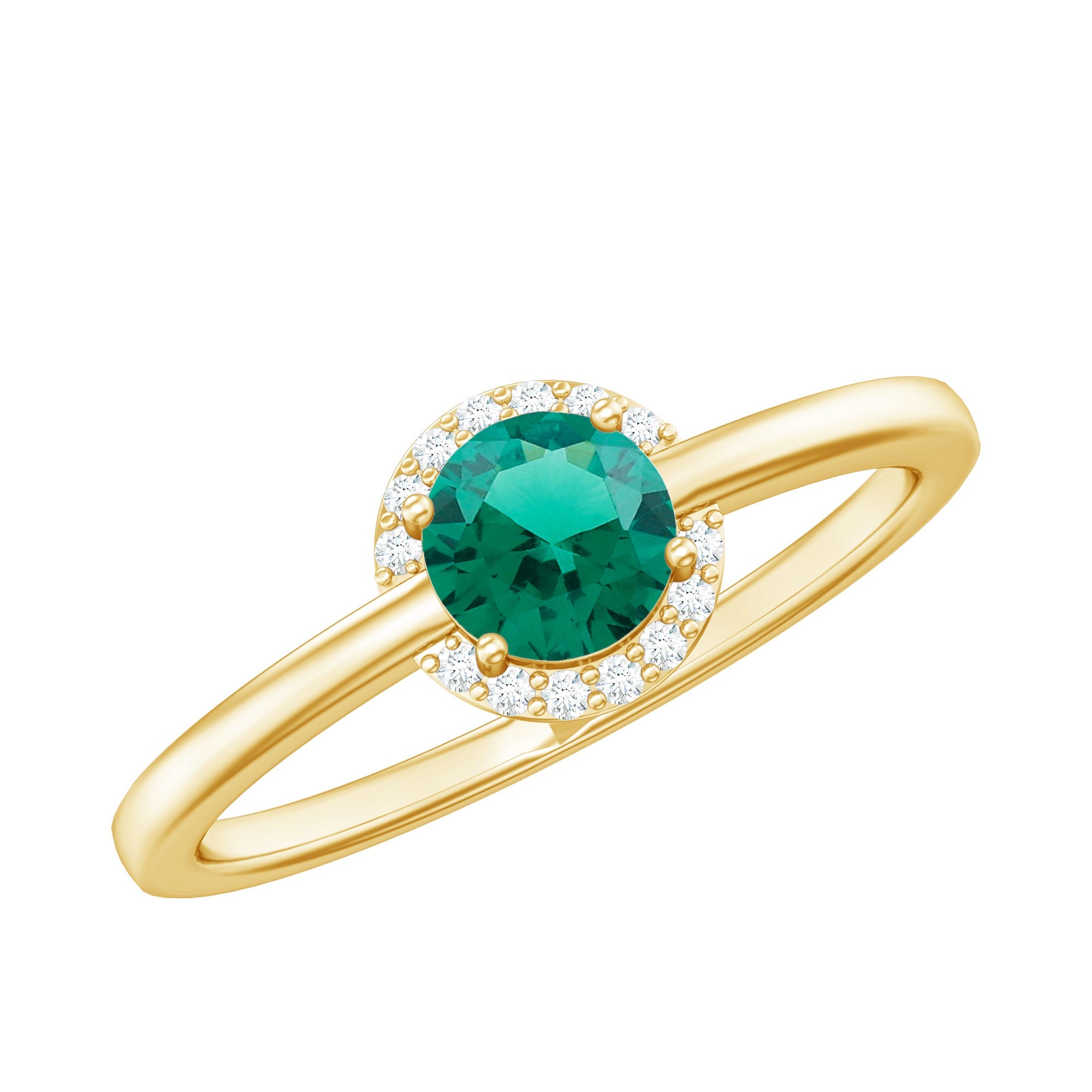 Lab Grown Emerald Ring – 0.8 Carat Round Emerald Promise Ring with Diamond Halo
