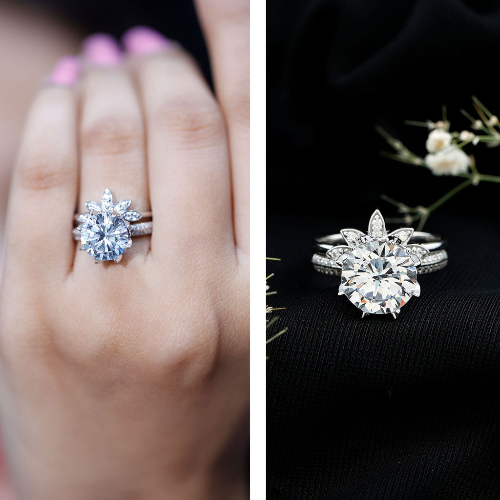 10MM Round Moissanite Flower Engagement Ring With Enhancer