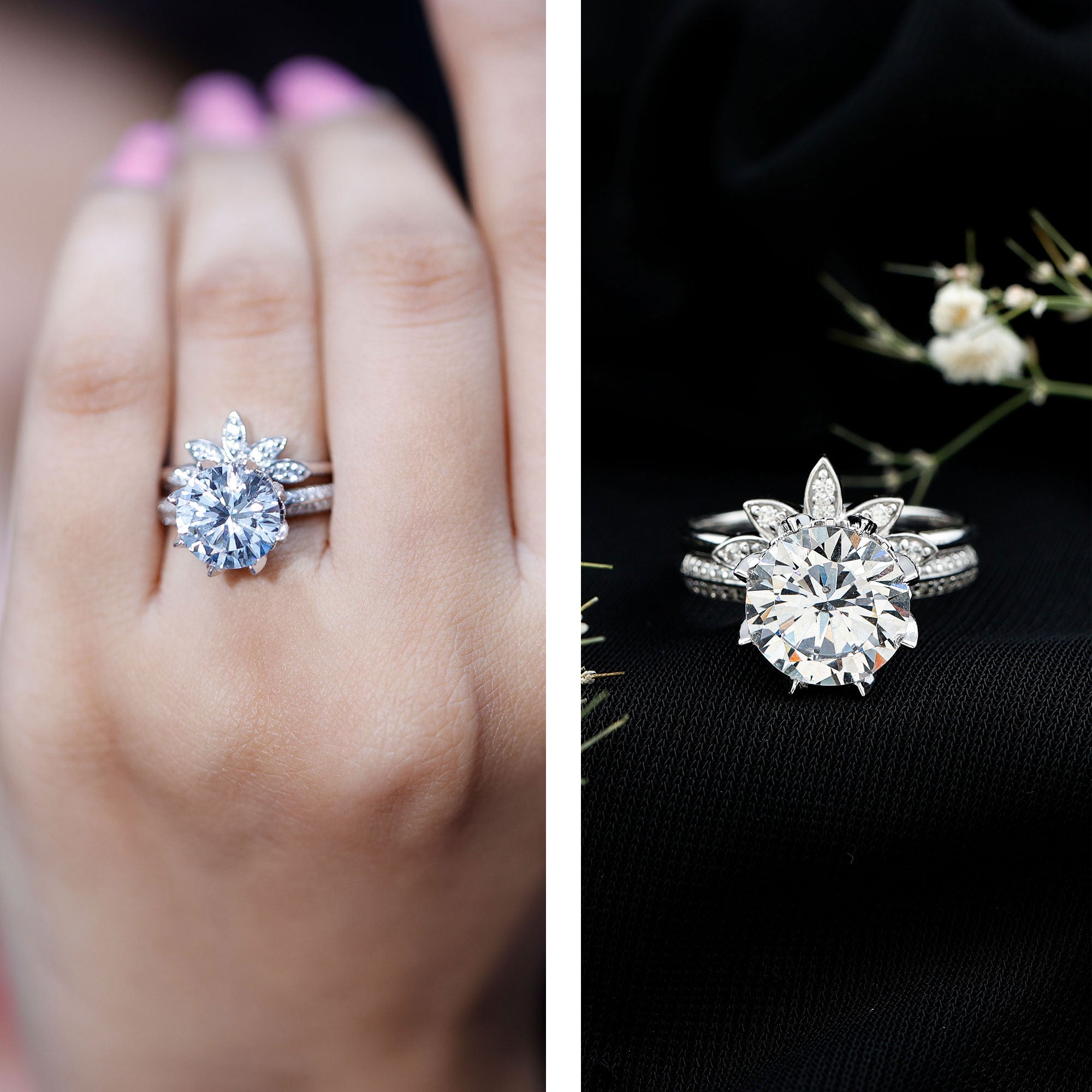 10MM Round Moissanite Flower Engagement Ring With Enhancer