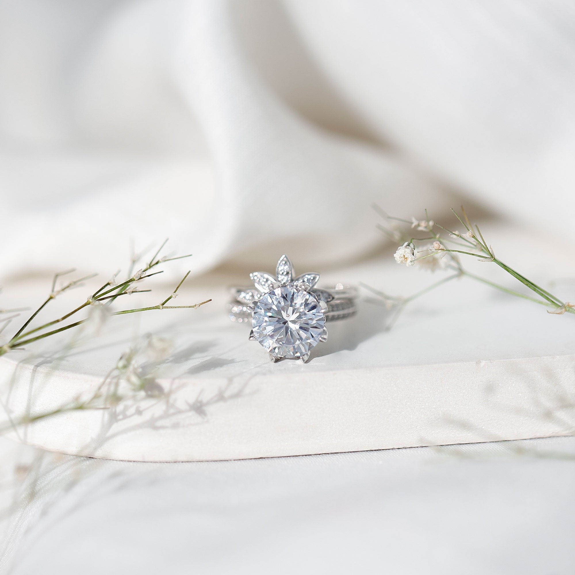 10MM Round Moissanite Flower Engagement Ring With Enhancer