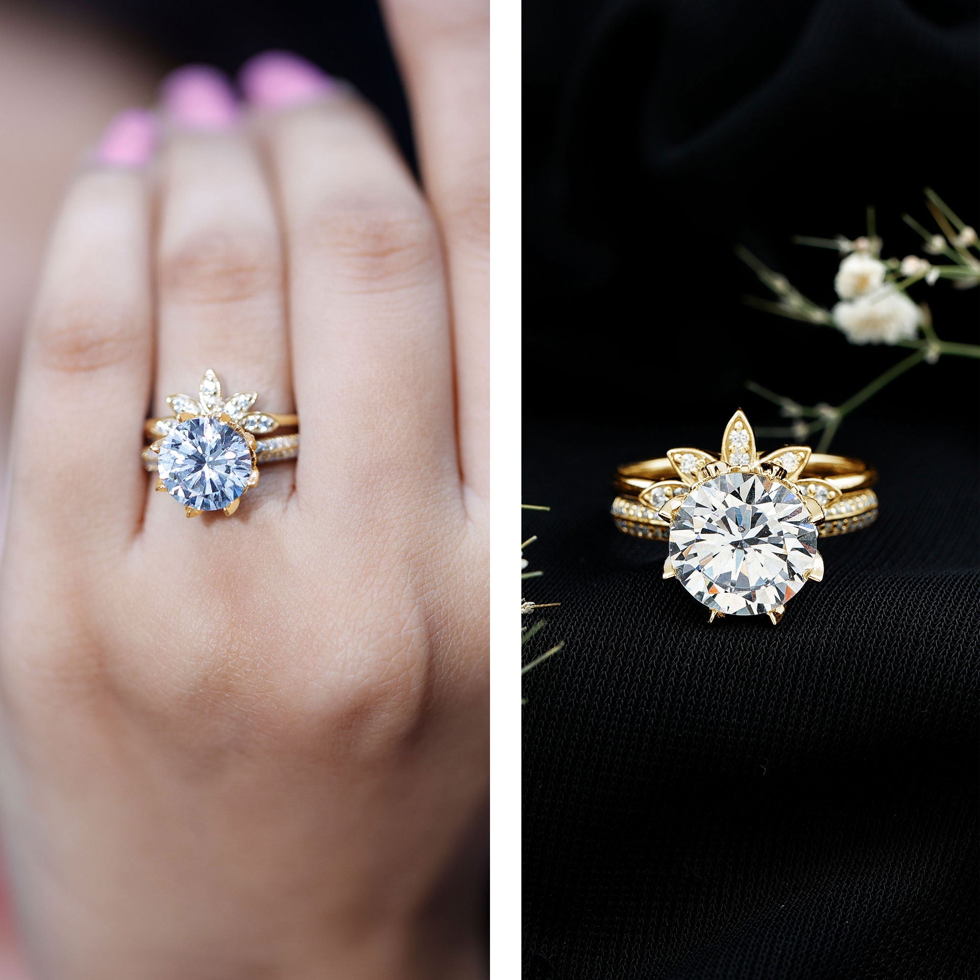 10MM Round Moissanite Flower Engagement Ring With Enhancer