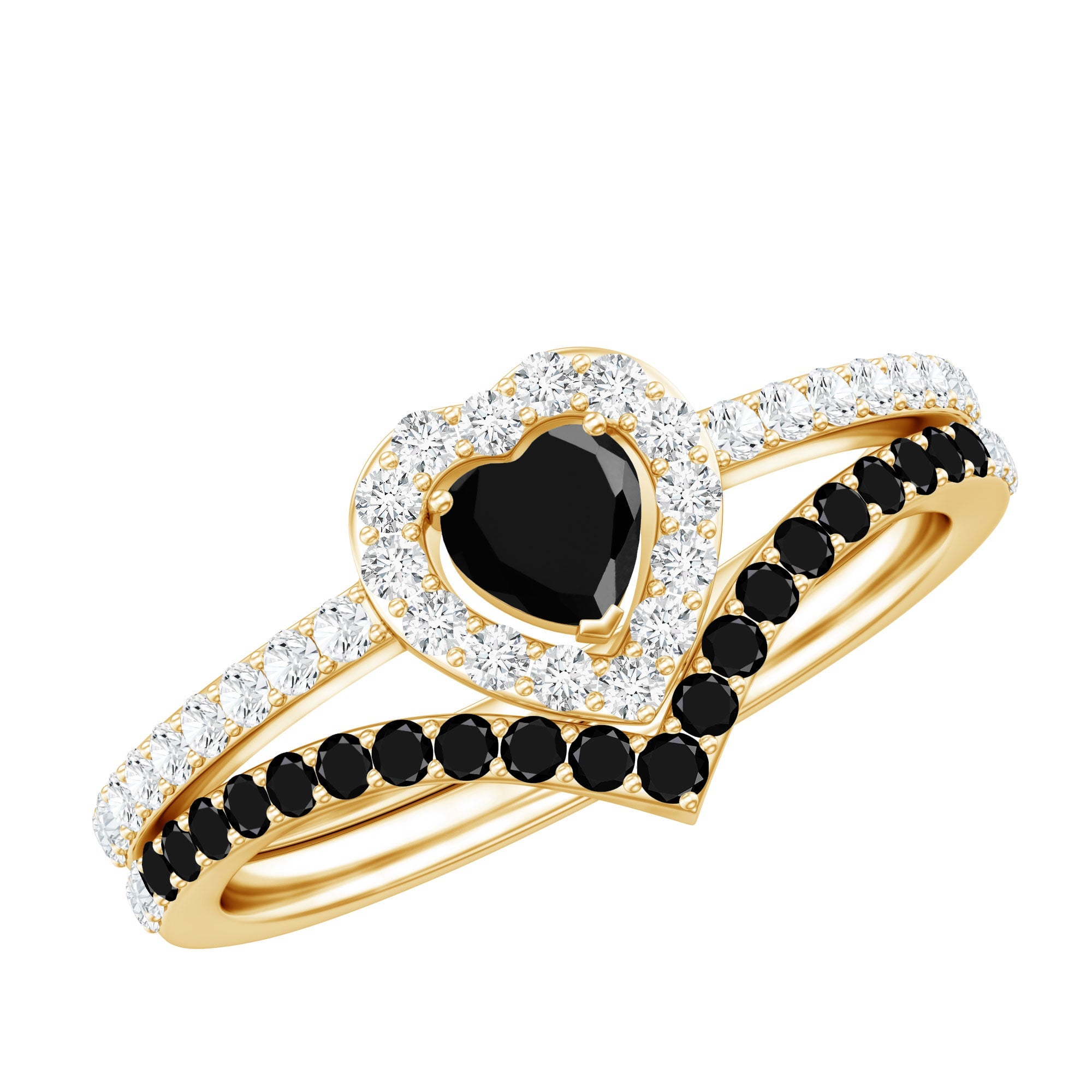 Black Onyx and Diamond Heart Engagement Ring With Ring Guard