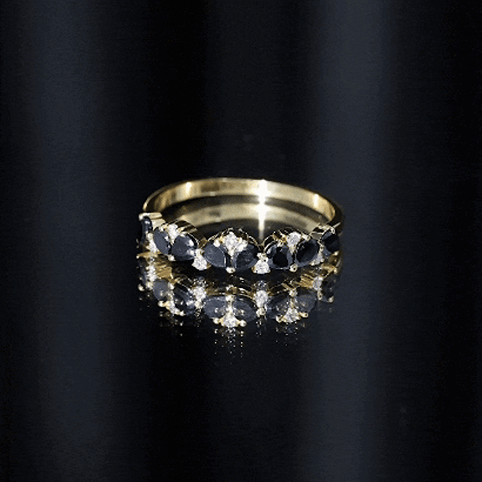 Natural Black Onyx and Diamond Half Eternity Band Ring