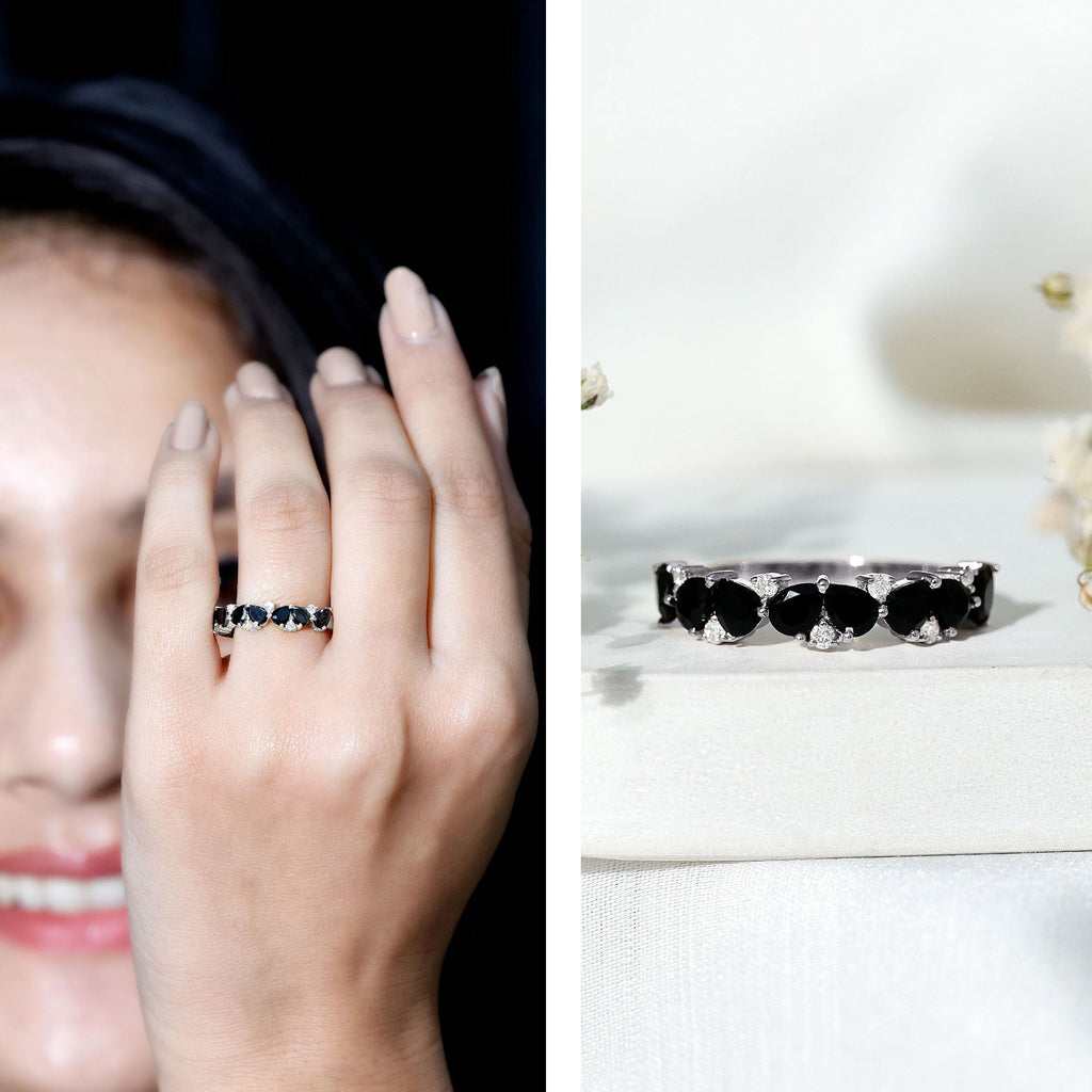 Natural Black Onyx and Diamond Half Eternity Band Ring