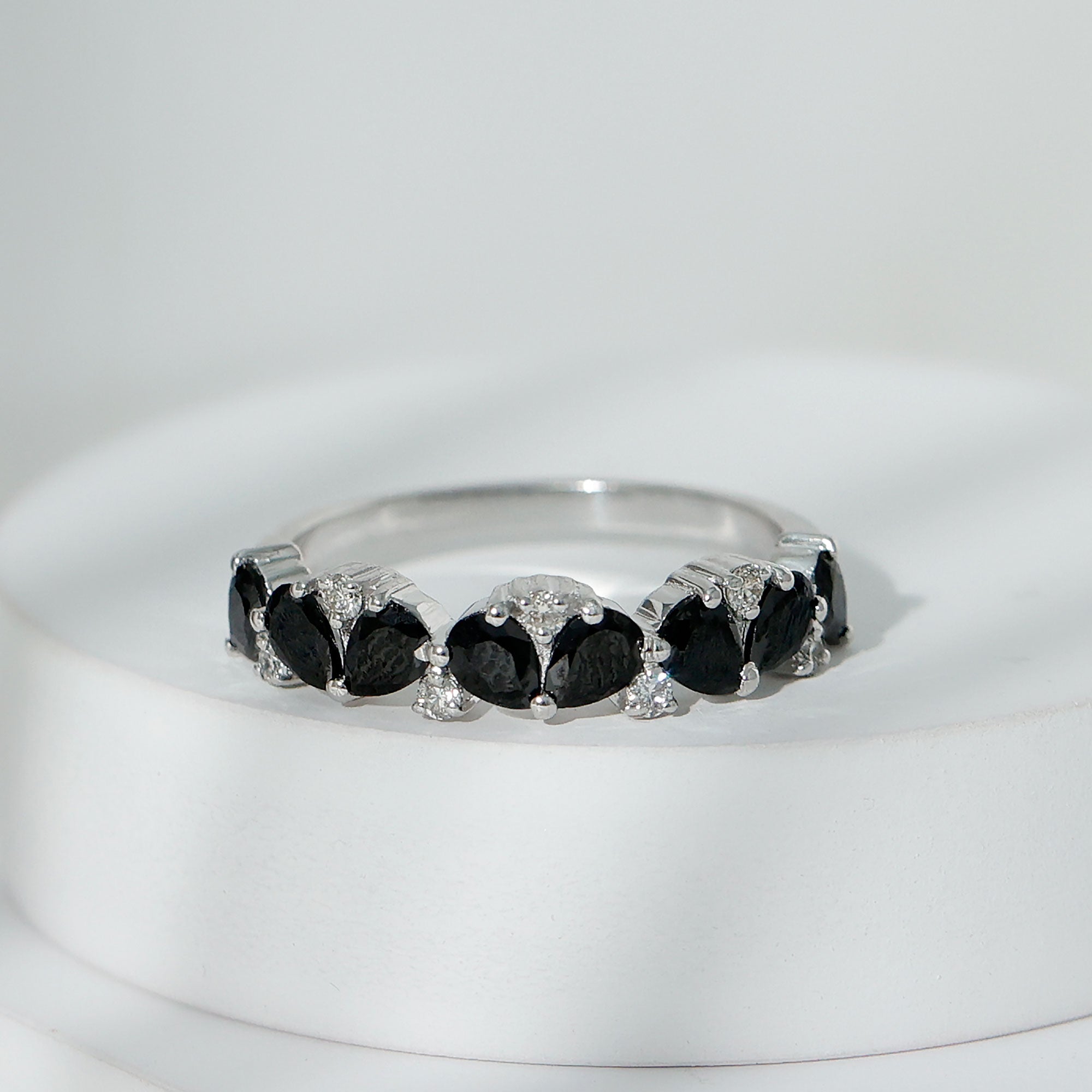 Natural Black Onyx and Diamond Half Eternity Band Ring