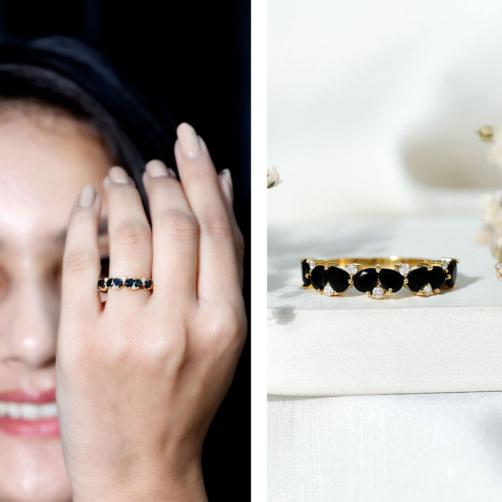 Natural Black Onyx and Diamond Half Eternity Band Ring