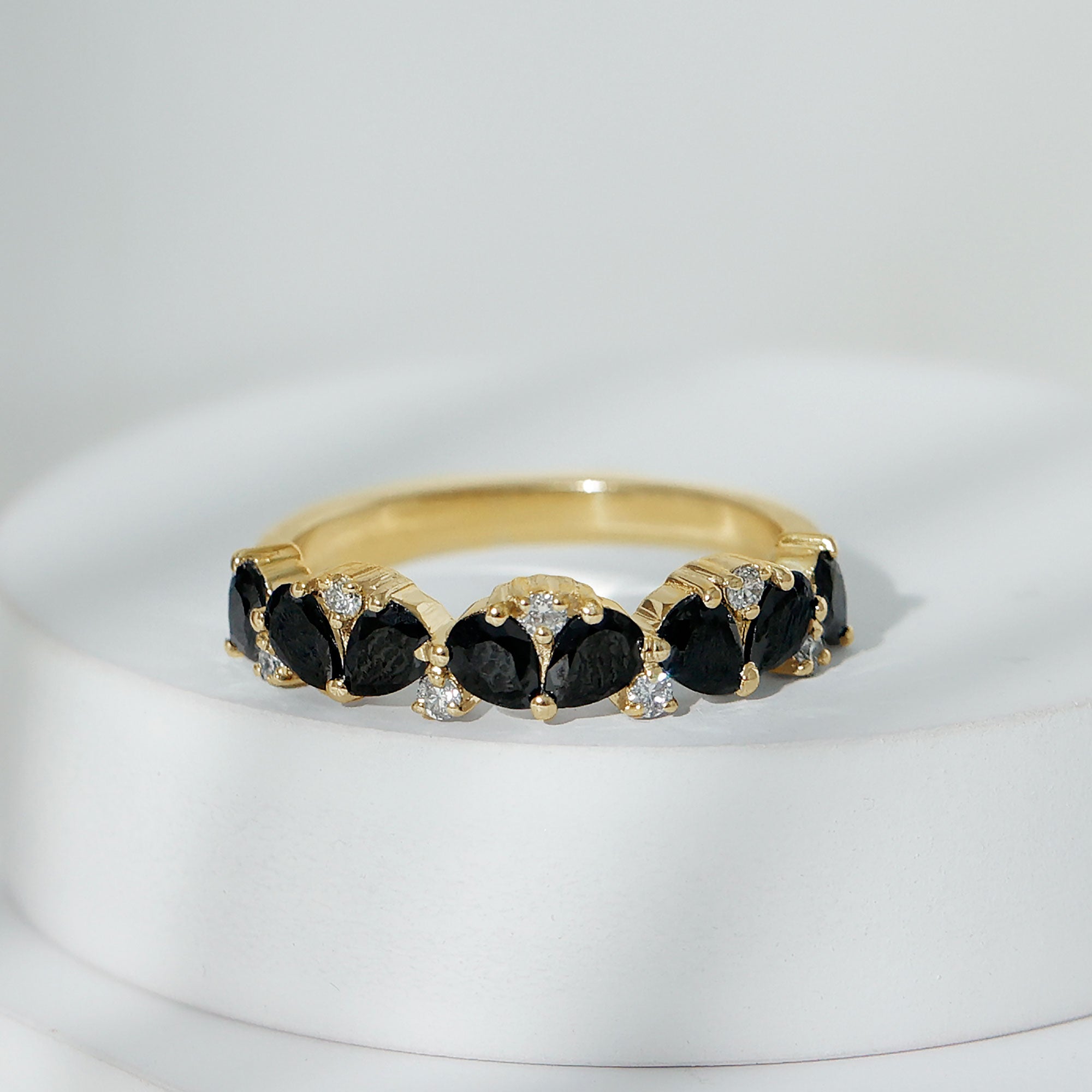 Natural Black Onyx and Diamond Half Eternity Band Ring
