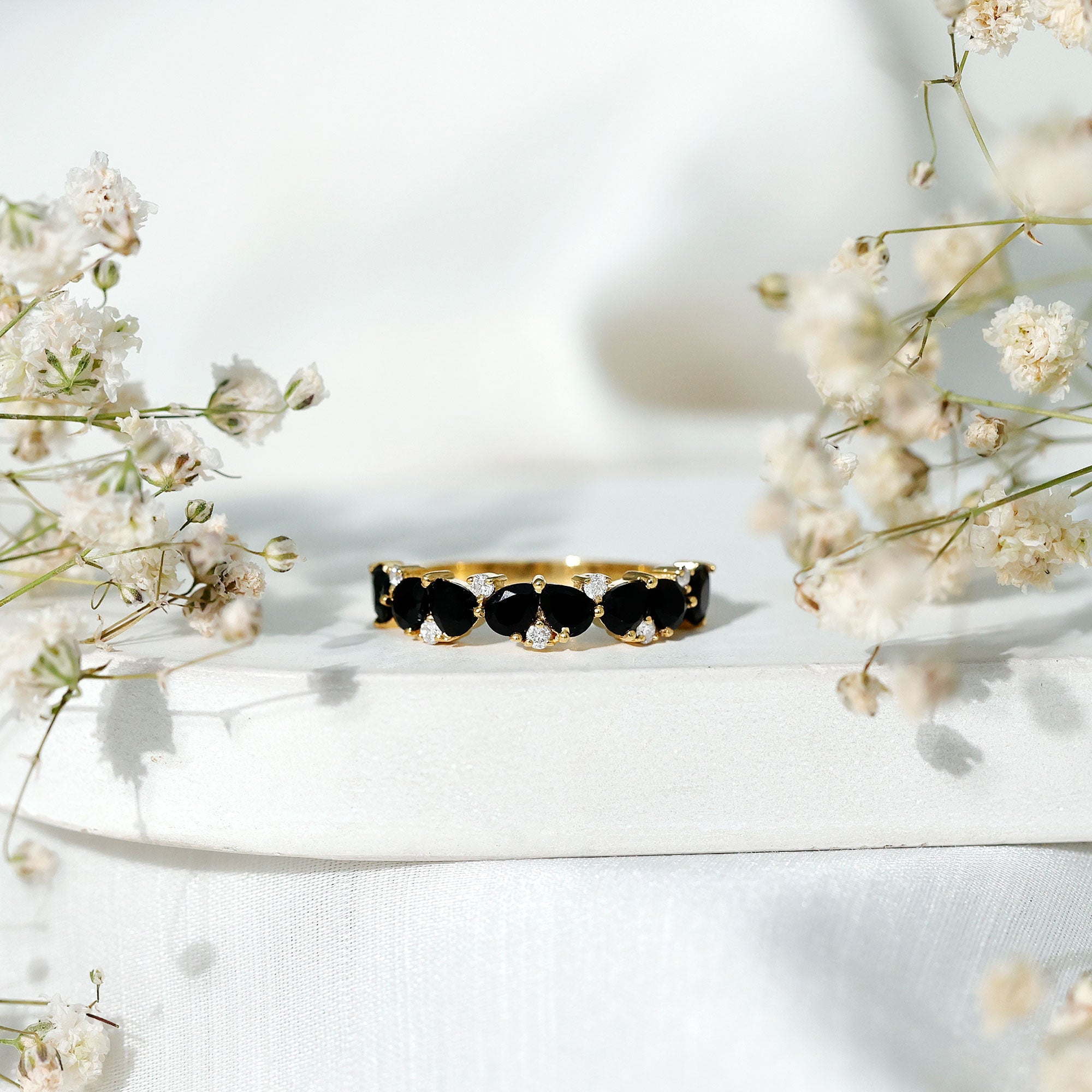 Natural Black Onyx and Diamond Half Eternity Band Ring