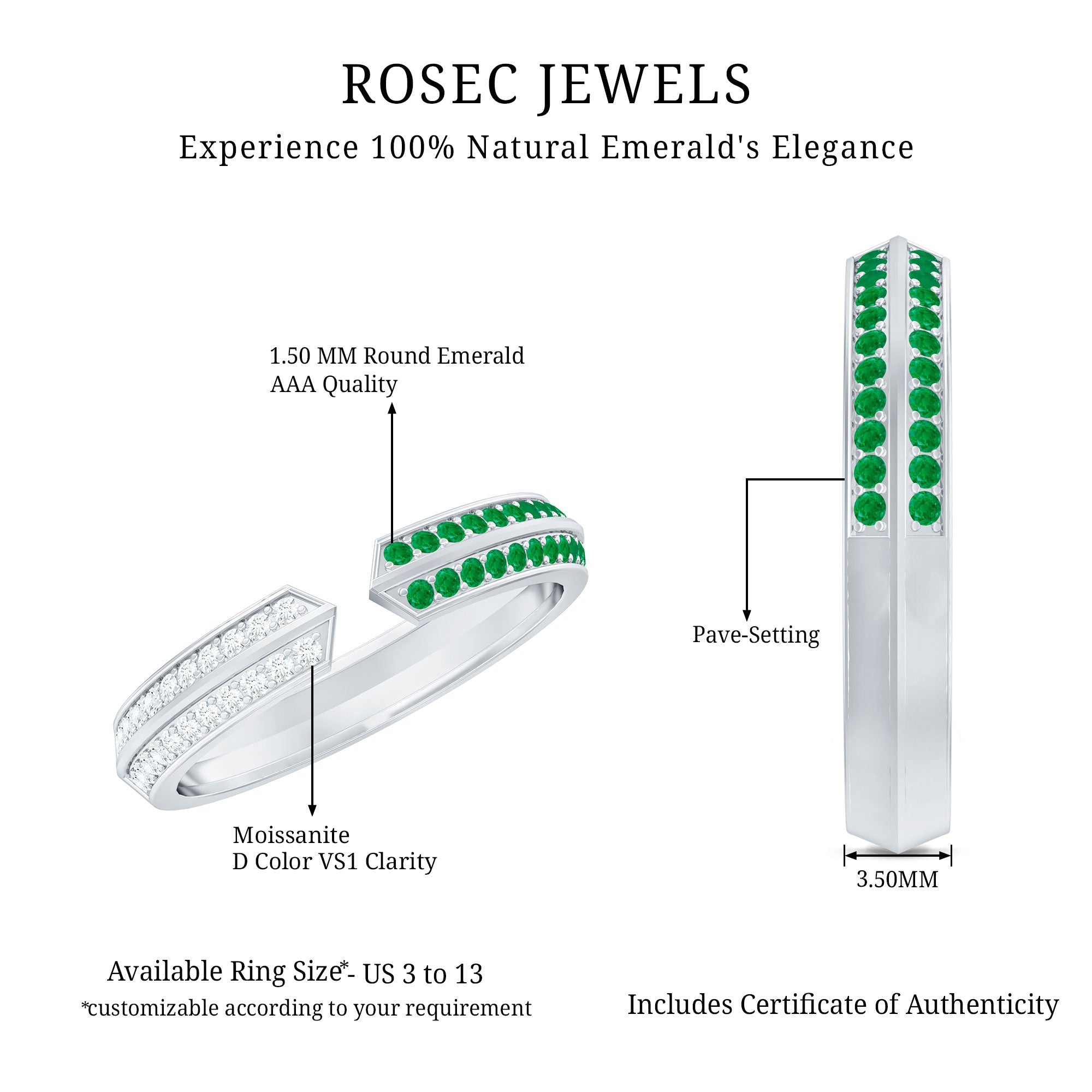 Emerald Diamond Wedding Band – Open Adjustable Ring with Pave Setting & Lab Grown Diamonds